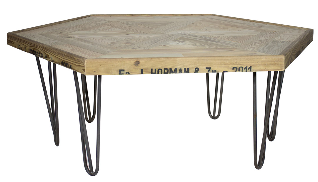 Exklusiver Sechseck-Couchtisch aus alten Apfelsteigen auf Hairpin-Legs 99x99x39cm