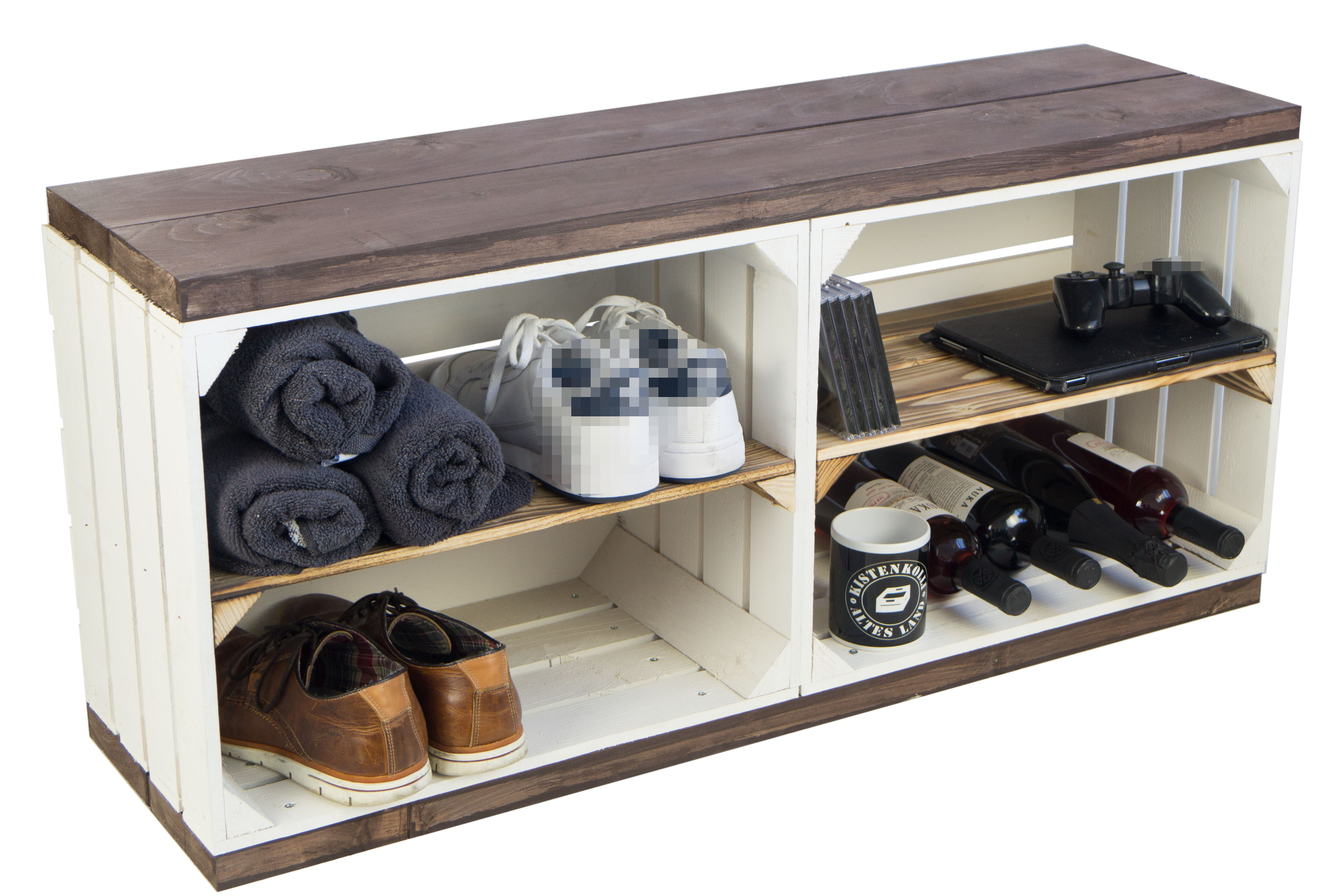 Sitzbank weiss  mit Sitzfläche aus dicken palisander Holzplanken Mittelbrettern geflammt