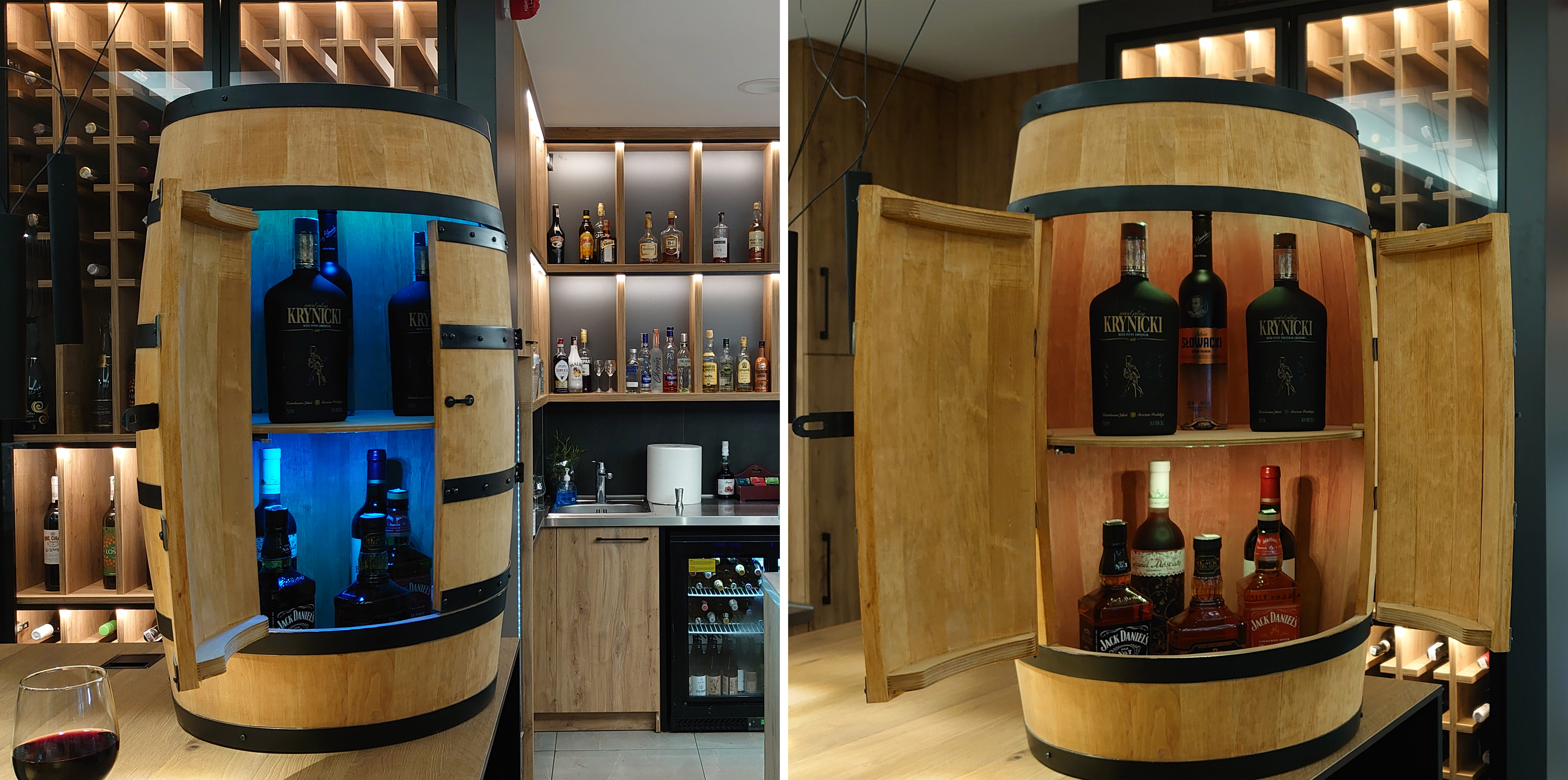 Holzfass mit Türen in heller Eichenoptik Hausbar mit LED – Rustikale Minibar im Weinfass Design – Weinregal & Flaschenständer aus Holz – Vintage Fassbar für Wohnzimmer, Bar oder Partykeller – ca. 80 cm #1 LED Mehrfarbig