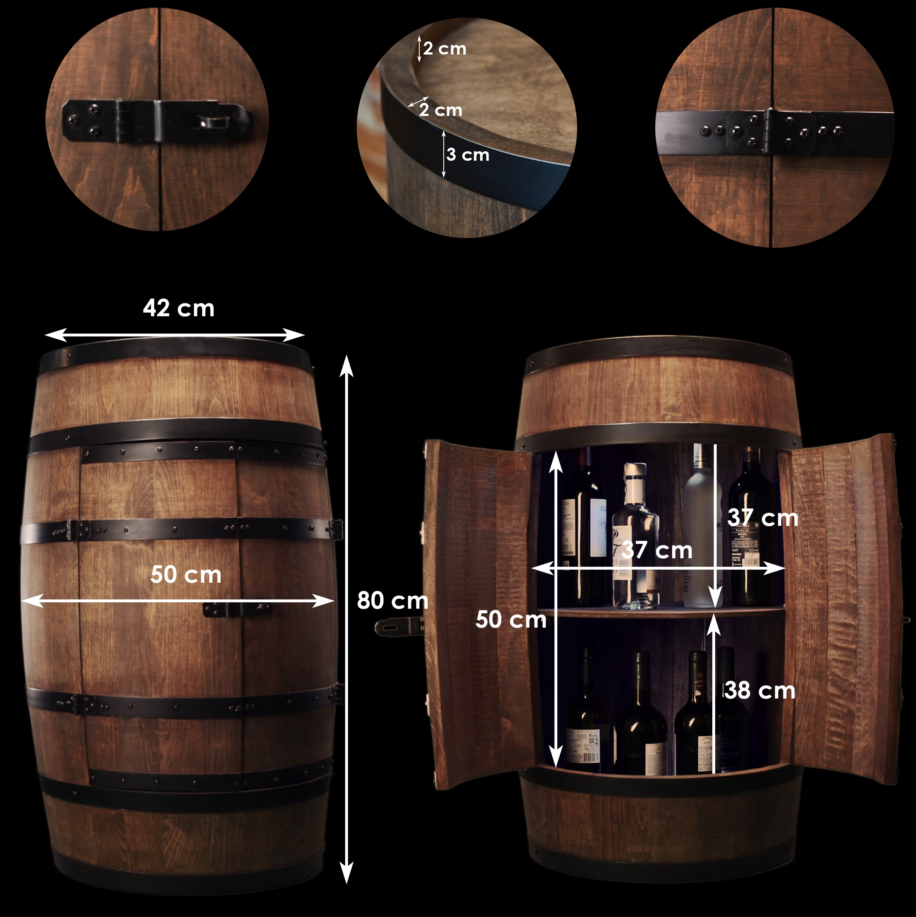 Holzfass mit Türen in Farbton Wenge Hausbar mit LED  – Weinregal & Flaschenständer, Bar oder Partykeller – ca. 80 cm Ohne LED