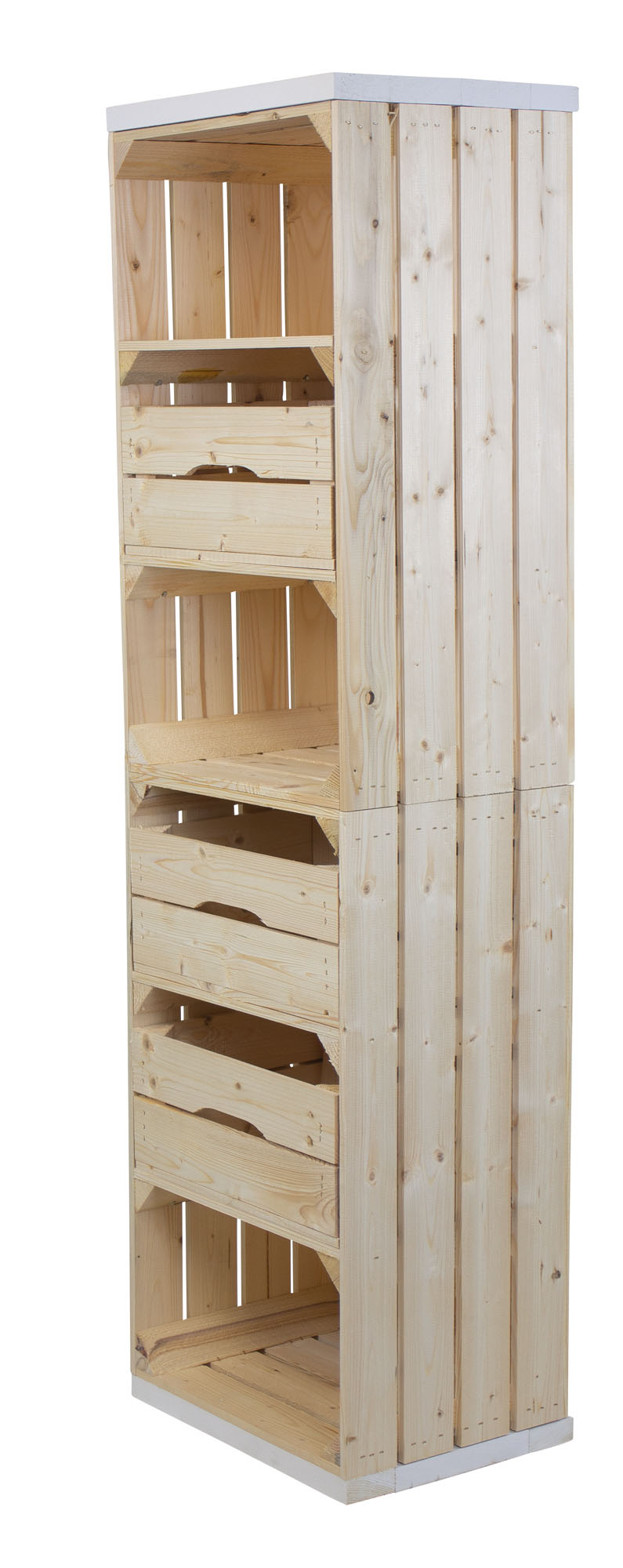 Regal aus 2 hellen Obstkisten mit 3 Schubladen Bohlenbrettern in weiß auf Rollen 135x50x30cm