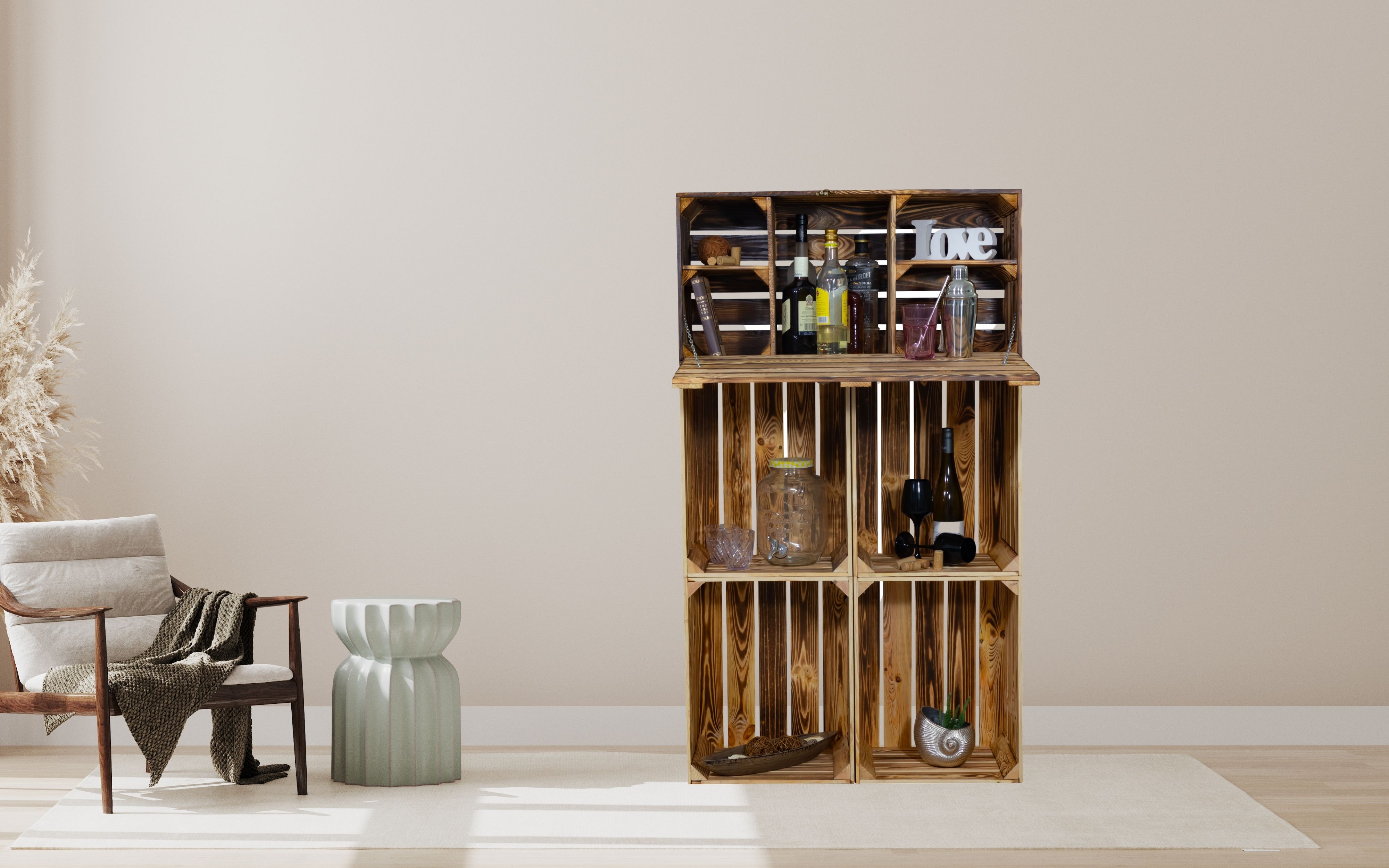Minibar "Daniel" avec fonction pliante et étagère à bouteilles (Flammé)