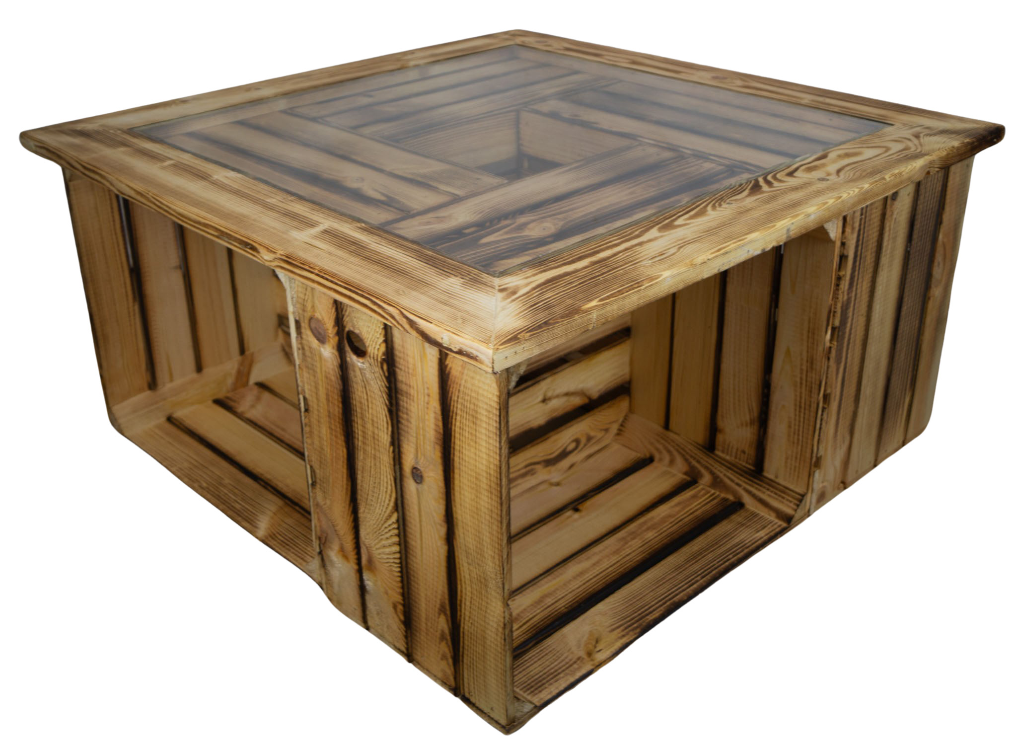 Glasplatte mit Holzrahmen geflammt 85x85cm