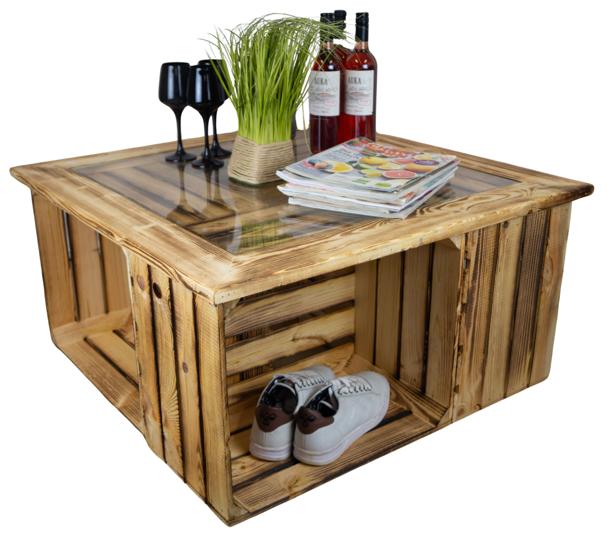 Glasplatte mit Holzrahmen geflammt 85x85cm