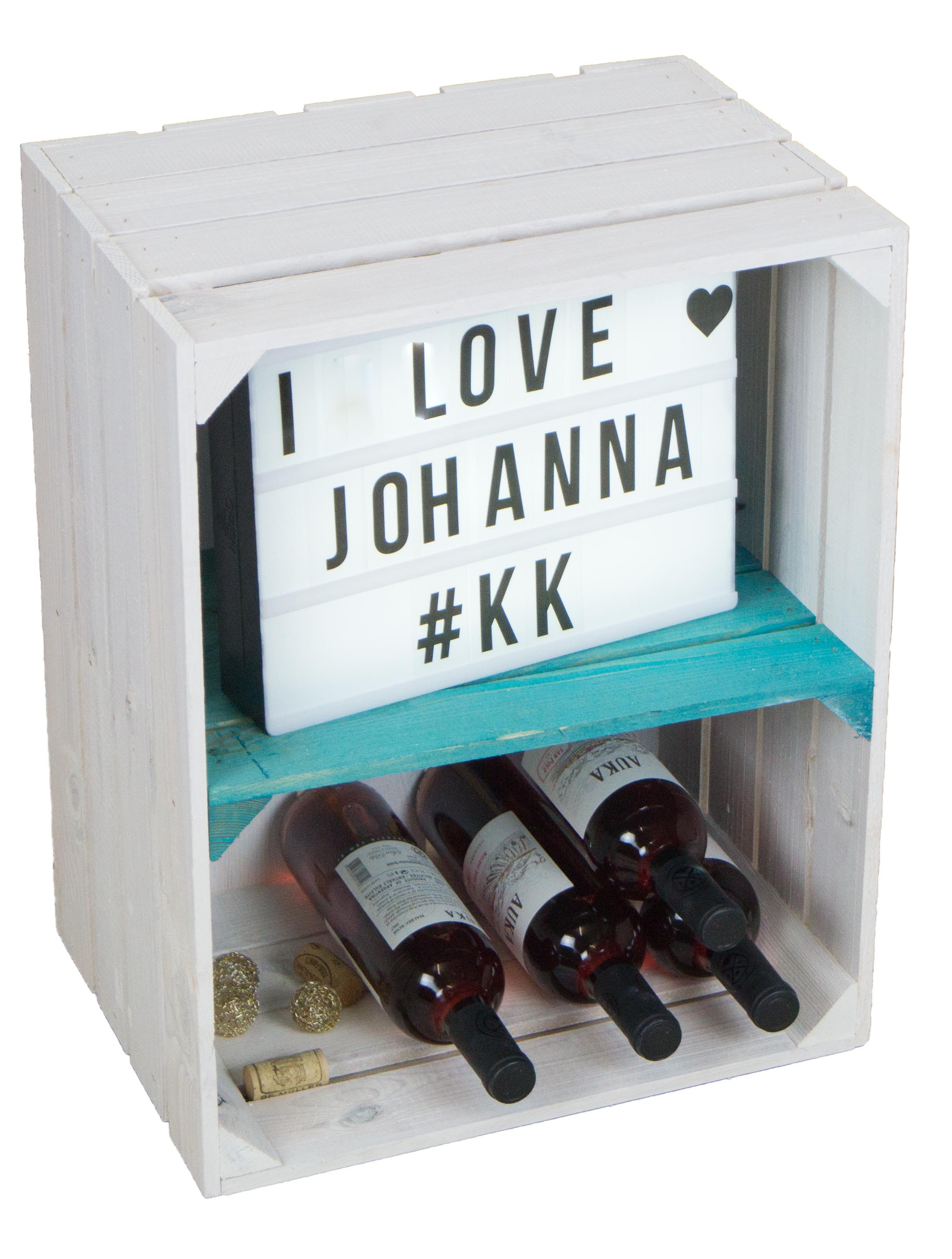 Regalkiste Johanna weiß lasiert mit türkisem Querbrett