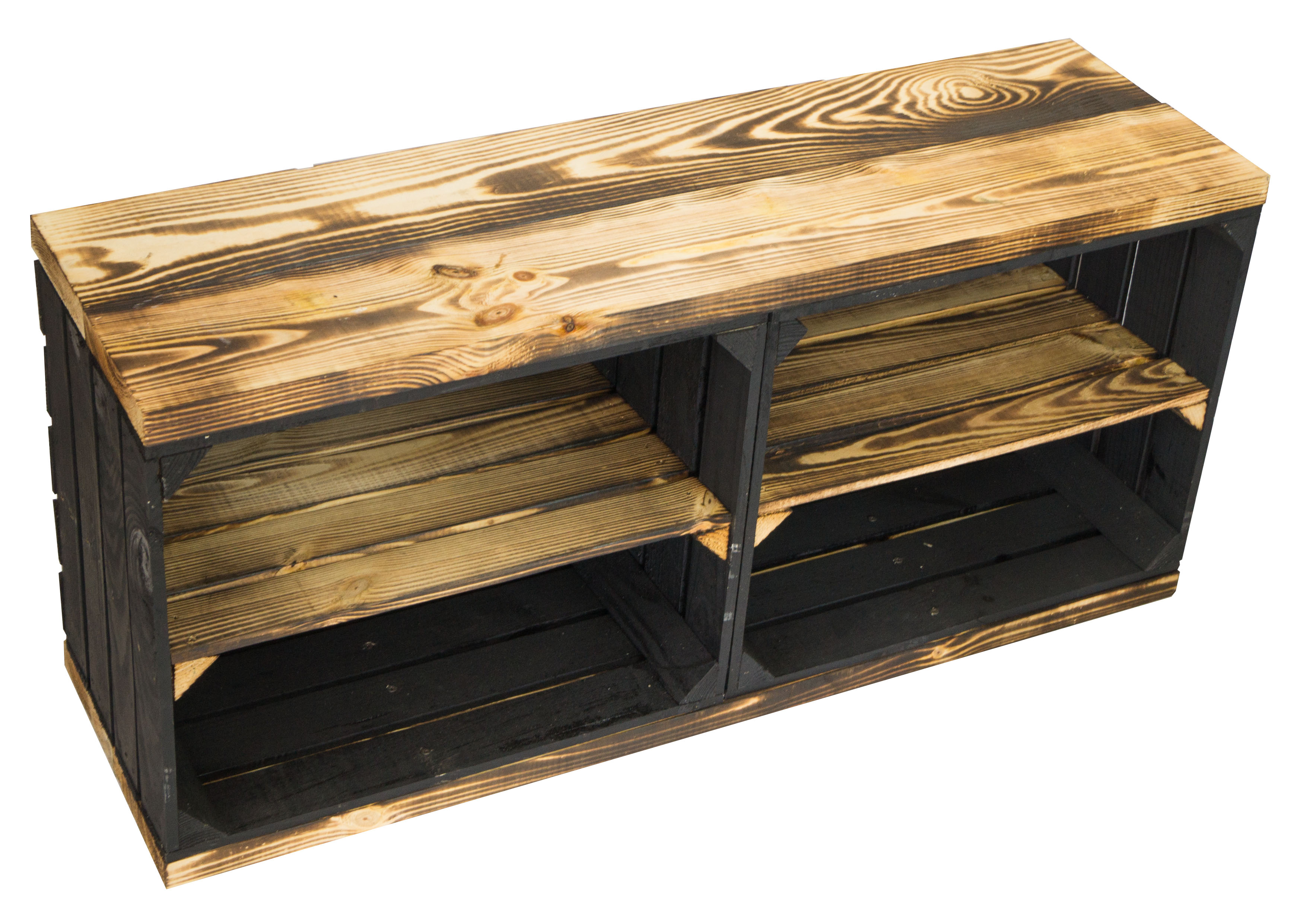 Banc noir avec assise en planches de bois épaisses flammées avec planche centrale flammée