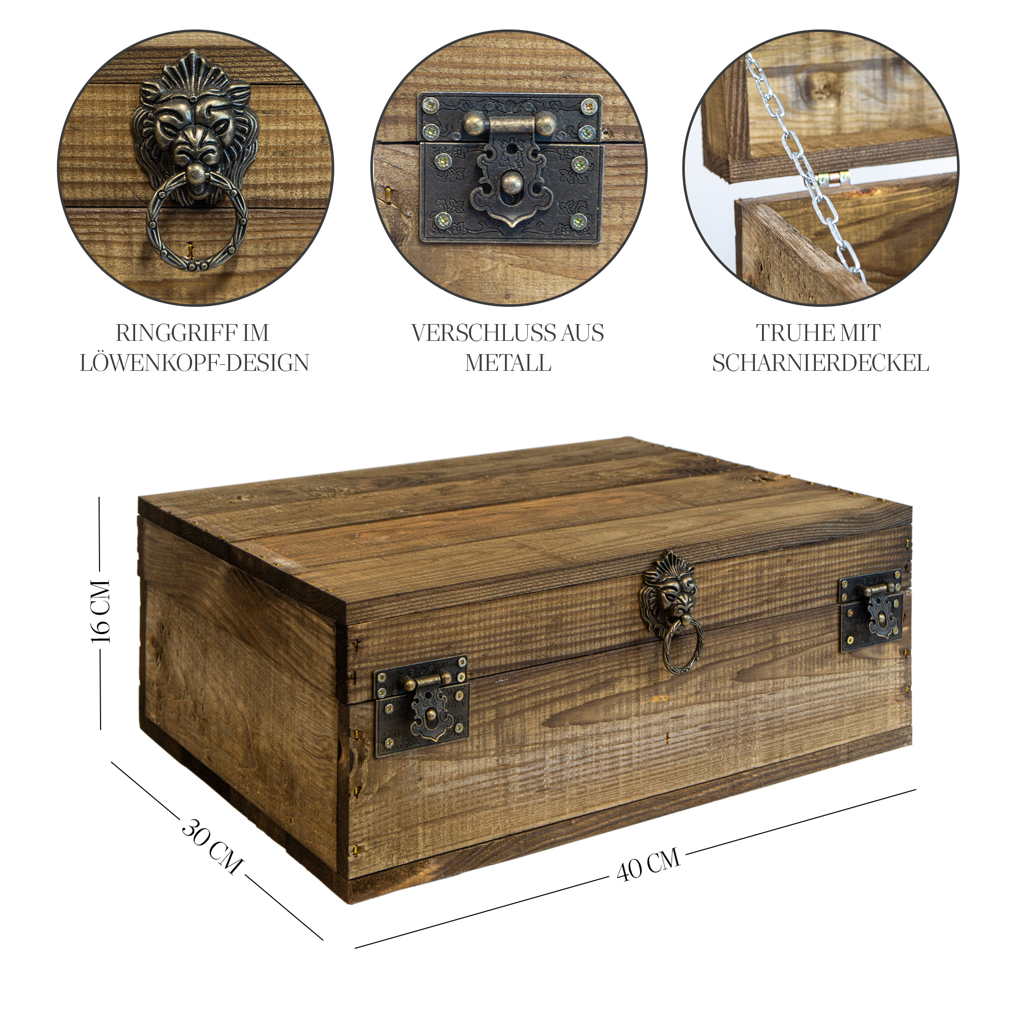 Rustikale Holztruhe mit Löwenkopfgriff – 40 x 30 x 16 cm | Schatztruhe aus Massivholz Palisander