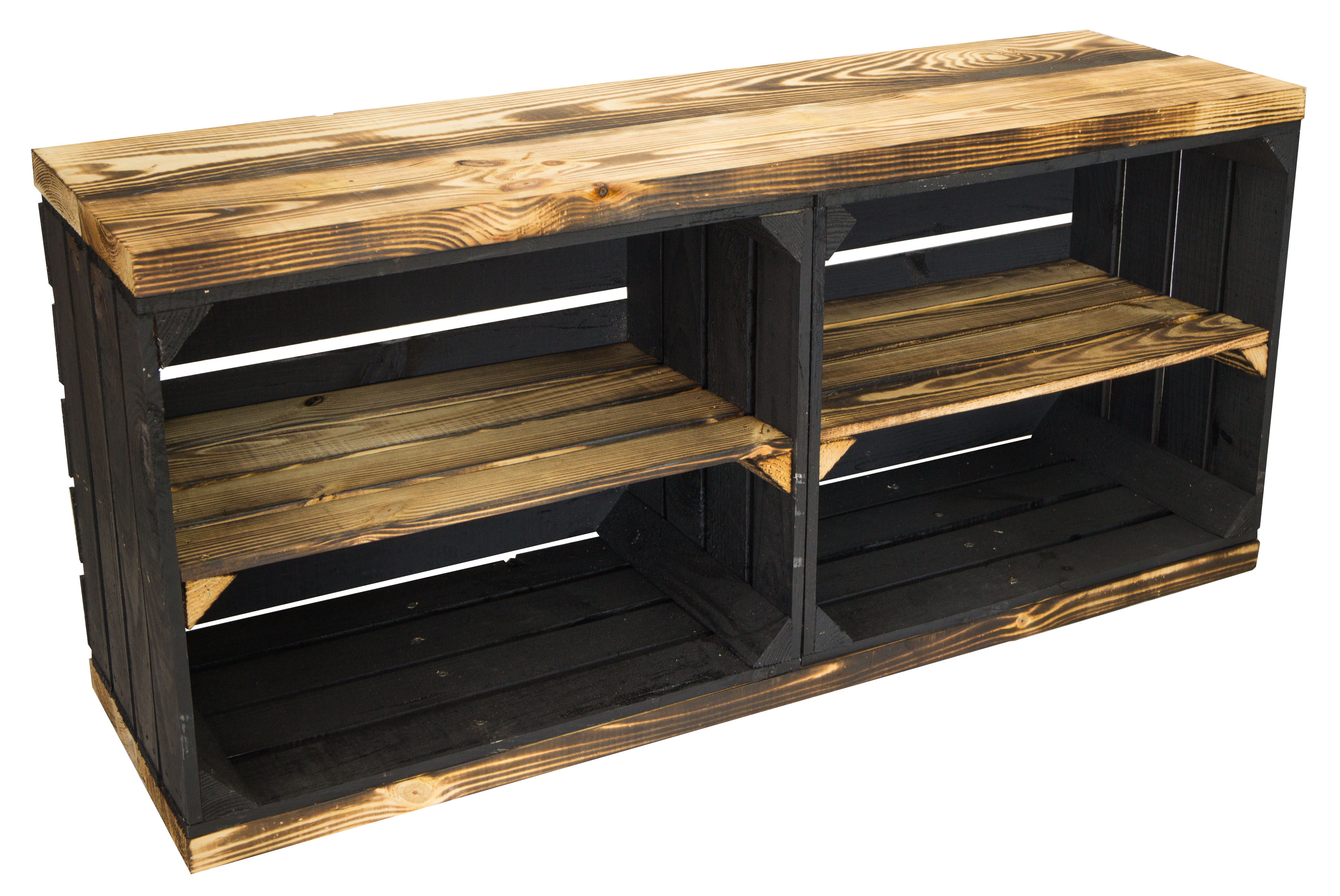 Banc noir avec assise en planches de bois épaisses flammées avec planche centrale flammée