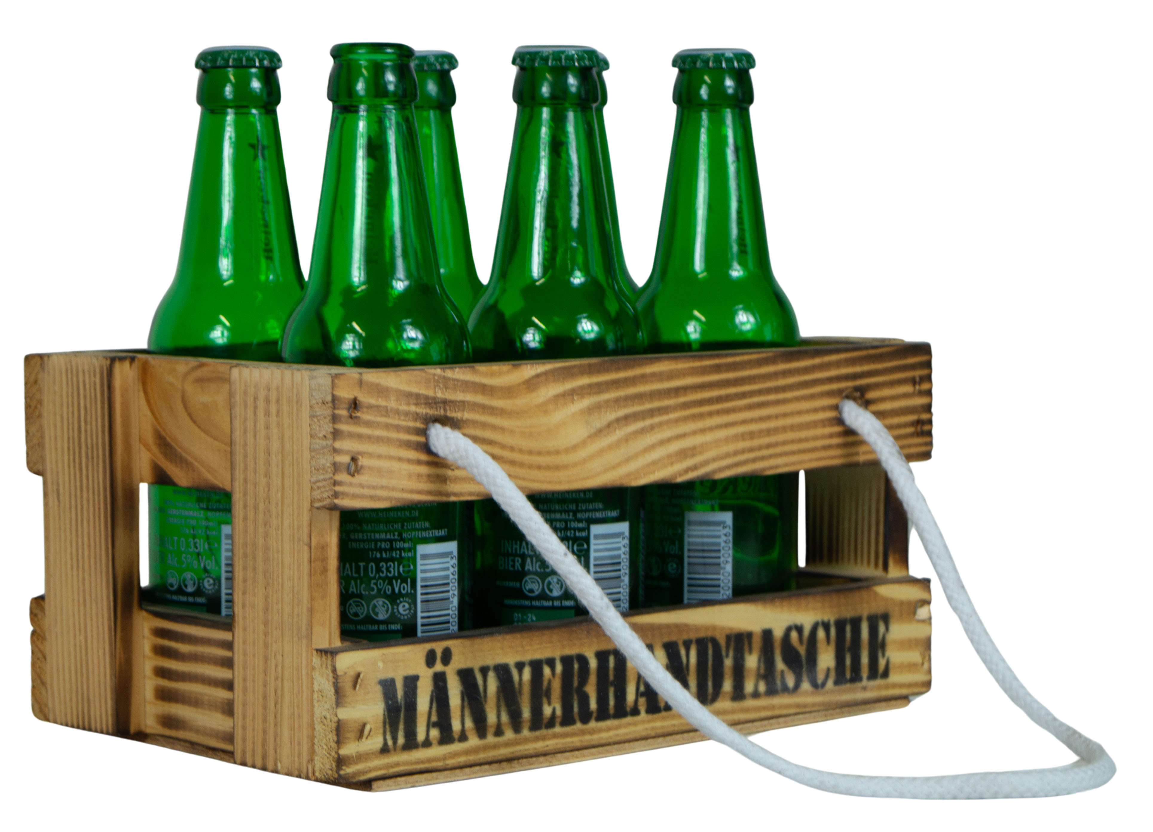 Holzkiste mit Griffbändern "Männerhandtasche" in geflammt mit Platz für bis zu 6 Getränke Bierkiste Bierträger Flaschenkiste