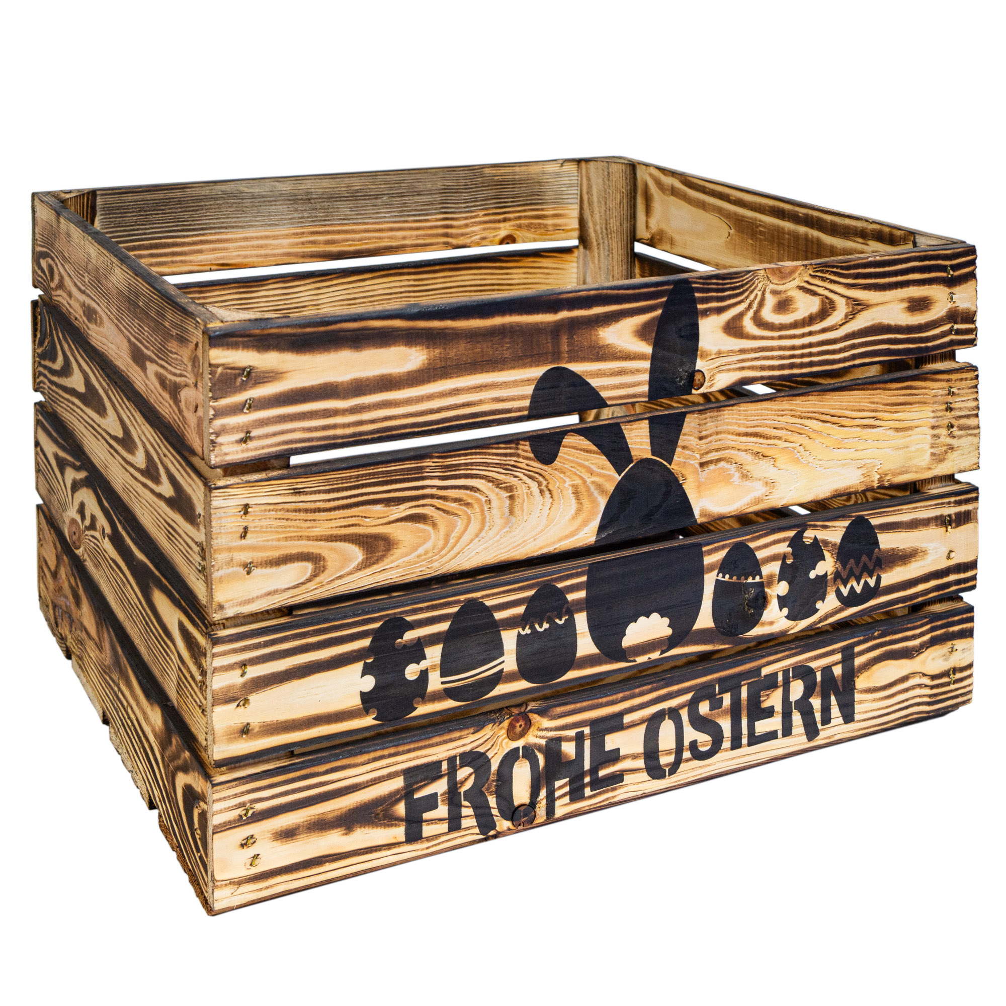 Holzkiste mit Ostermotiv  Frohe Ostern (Hase und Eier)  50 x 40 x 30 cm