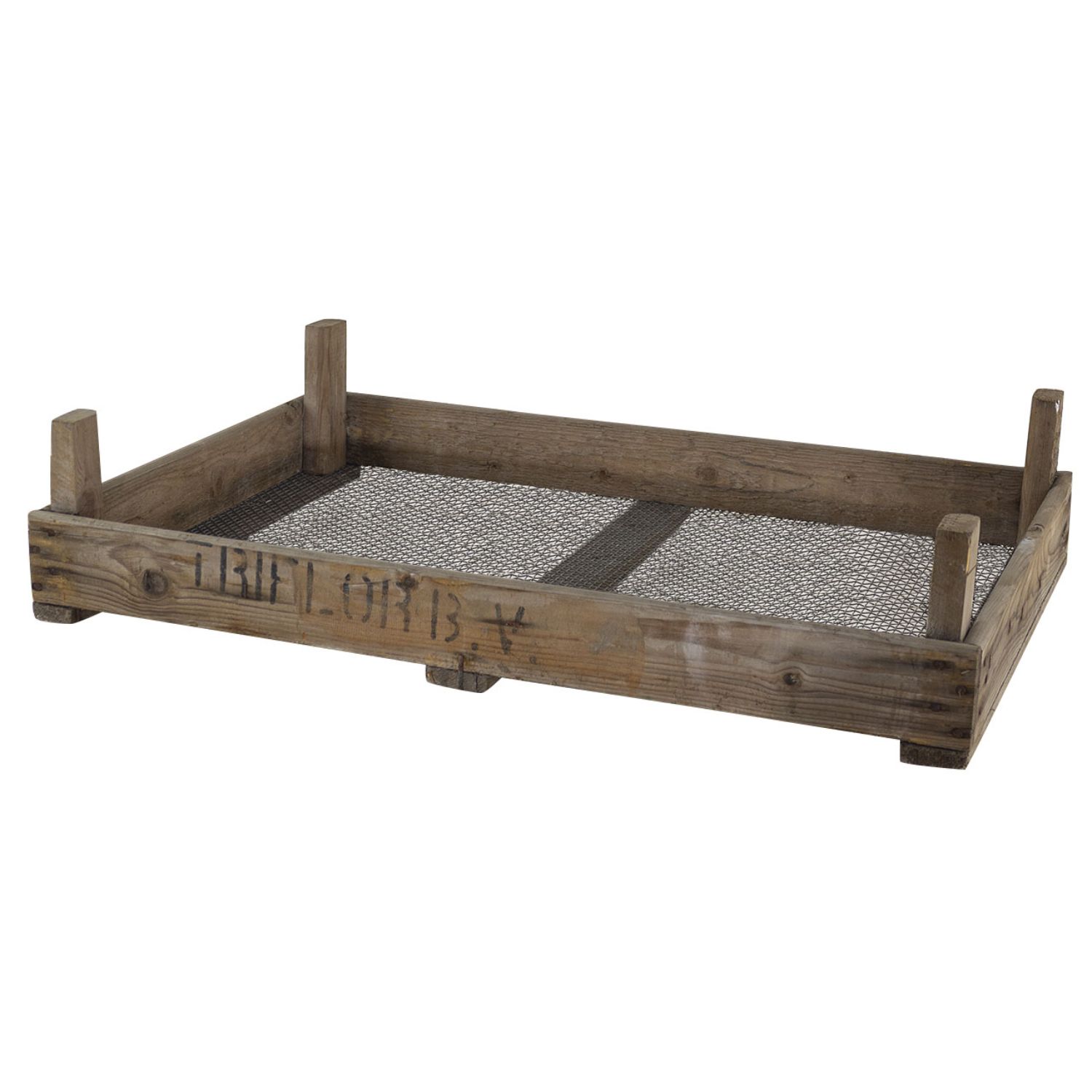 Altes Trockensieb mit Aufdruck des Erzeugernamens, ideal zum Trocknen von Nüssen, Pilzen oder Kräute