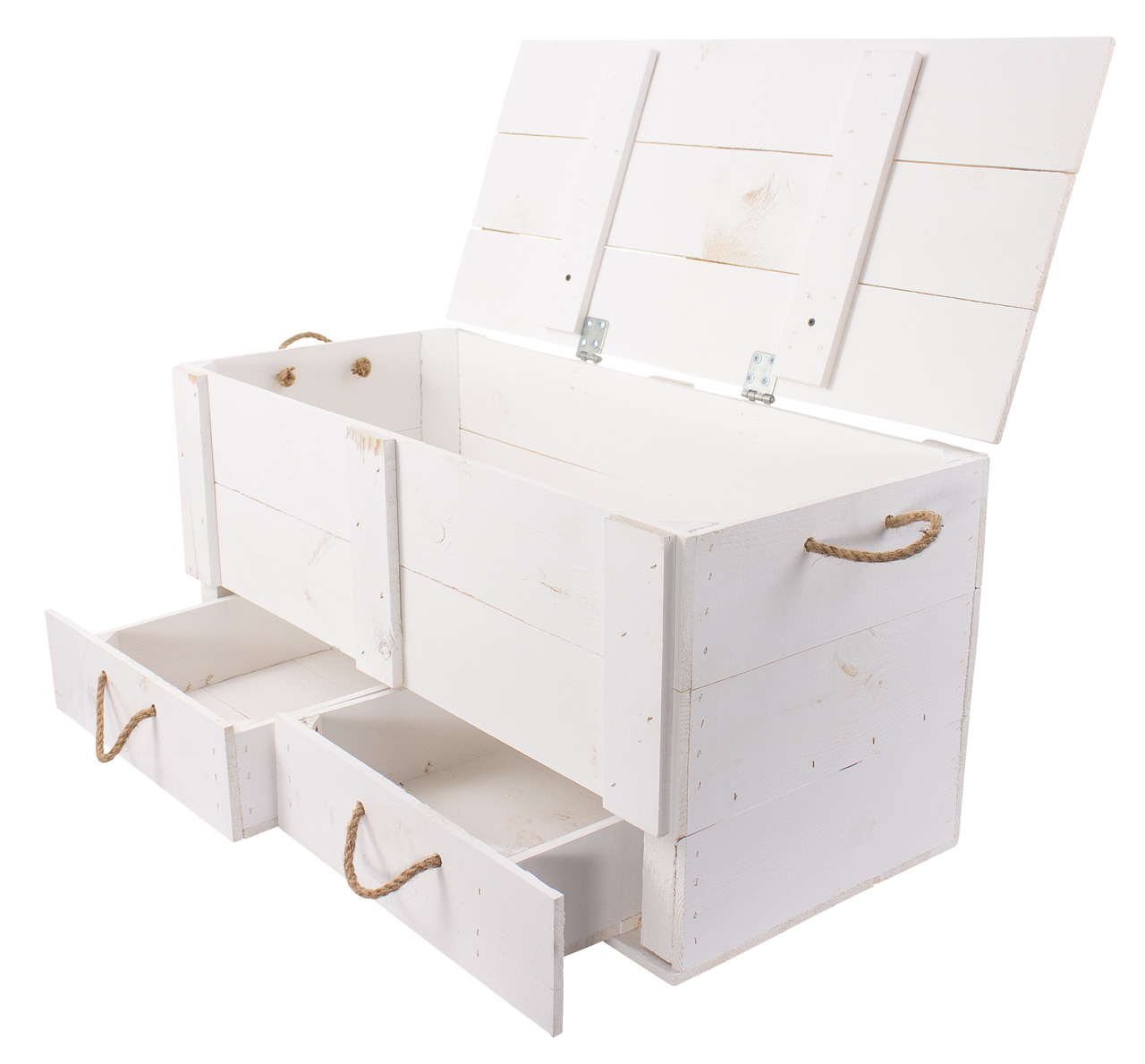 grosse weisse Holztruhe Kalle mit Schubladen und Deckel