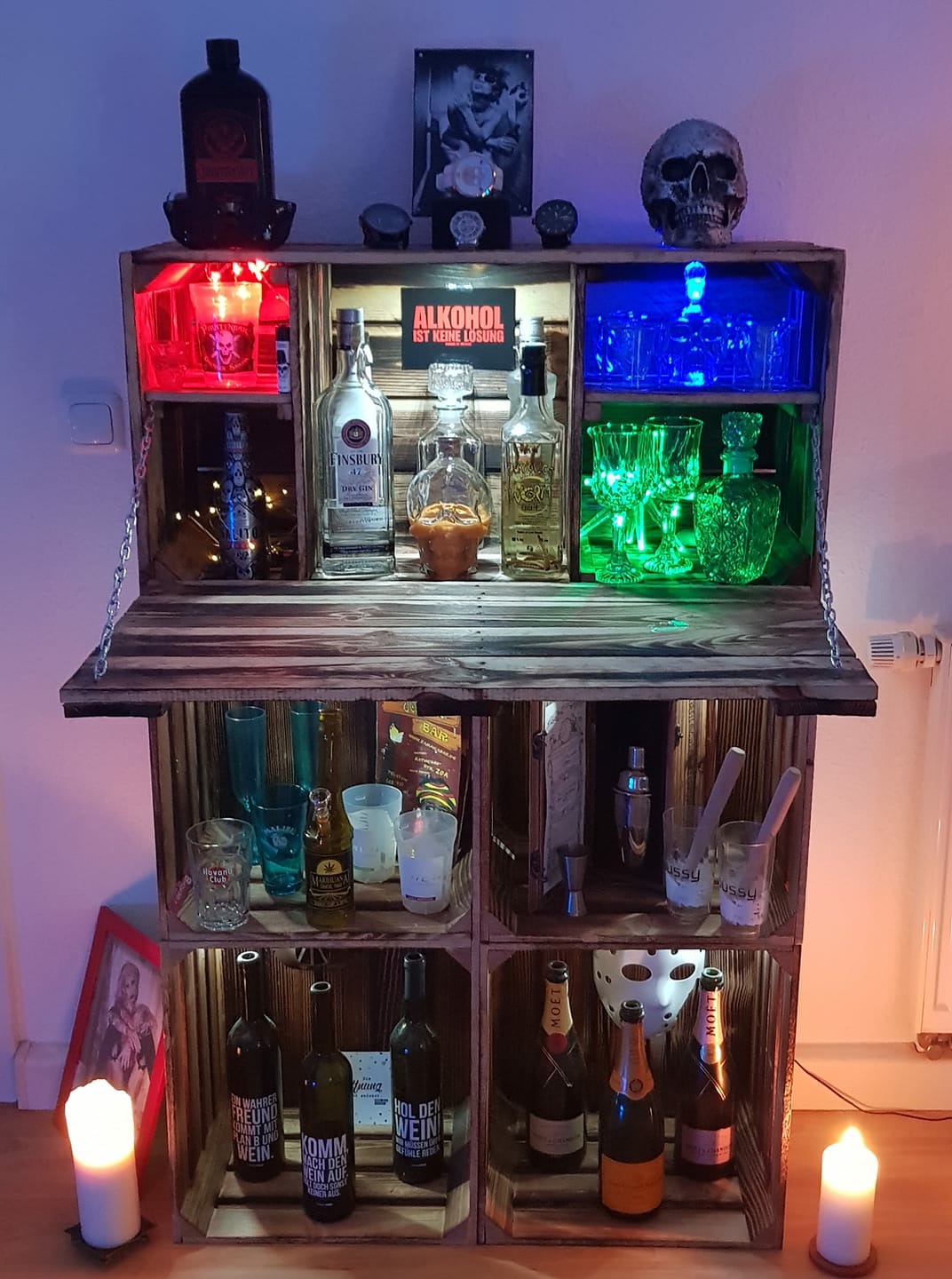 Bar suspendu maxi Minibar Armoire murale Caisse flammée Rustique