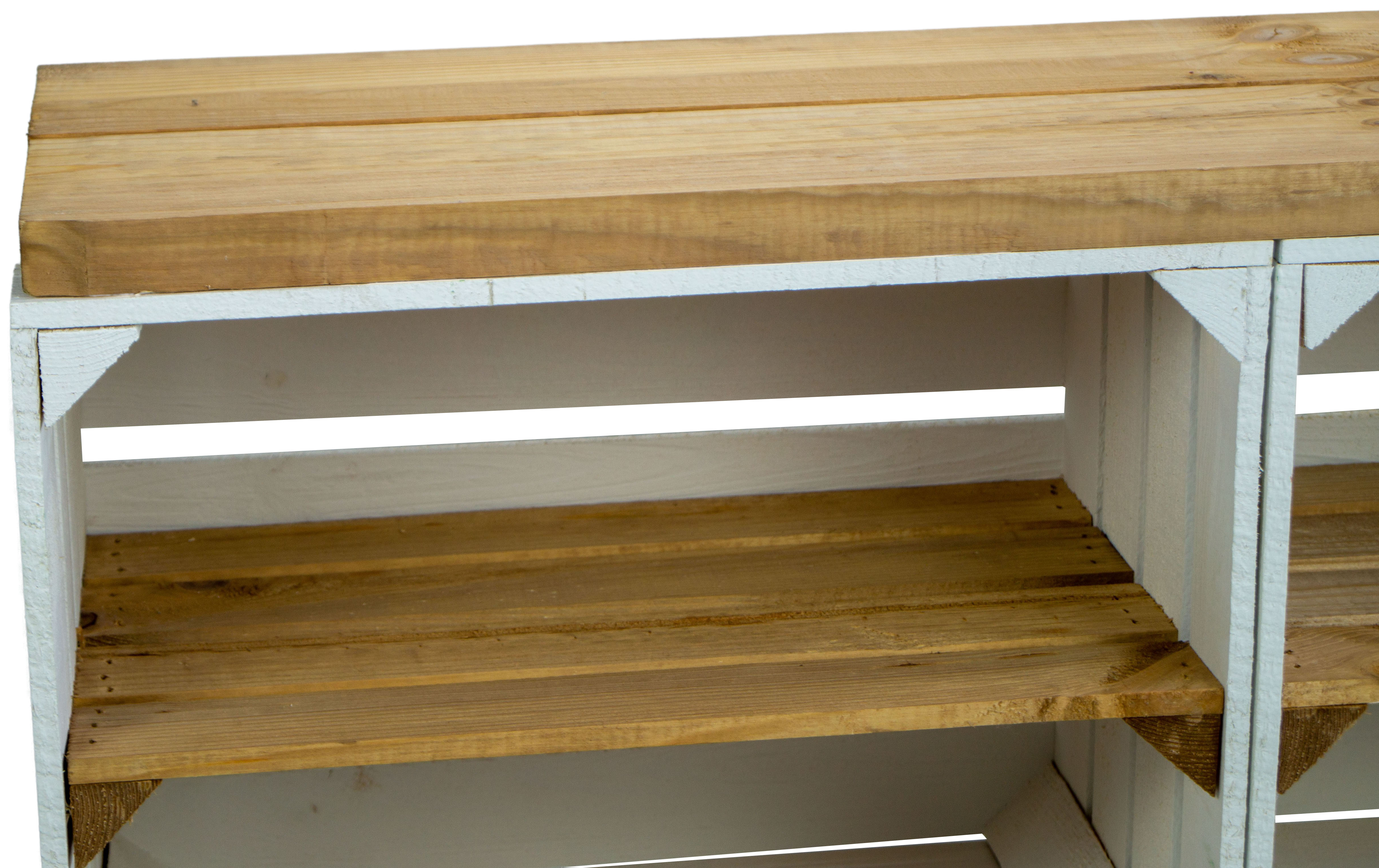 Sitzbank weiss mit Sitzfläche aus dicken Holzplanken Natur mit Mittelbrett Natur