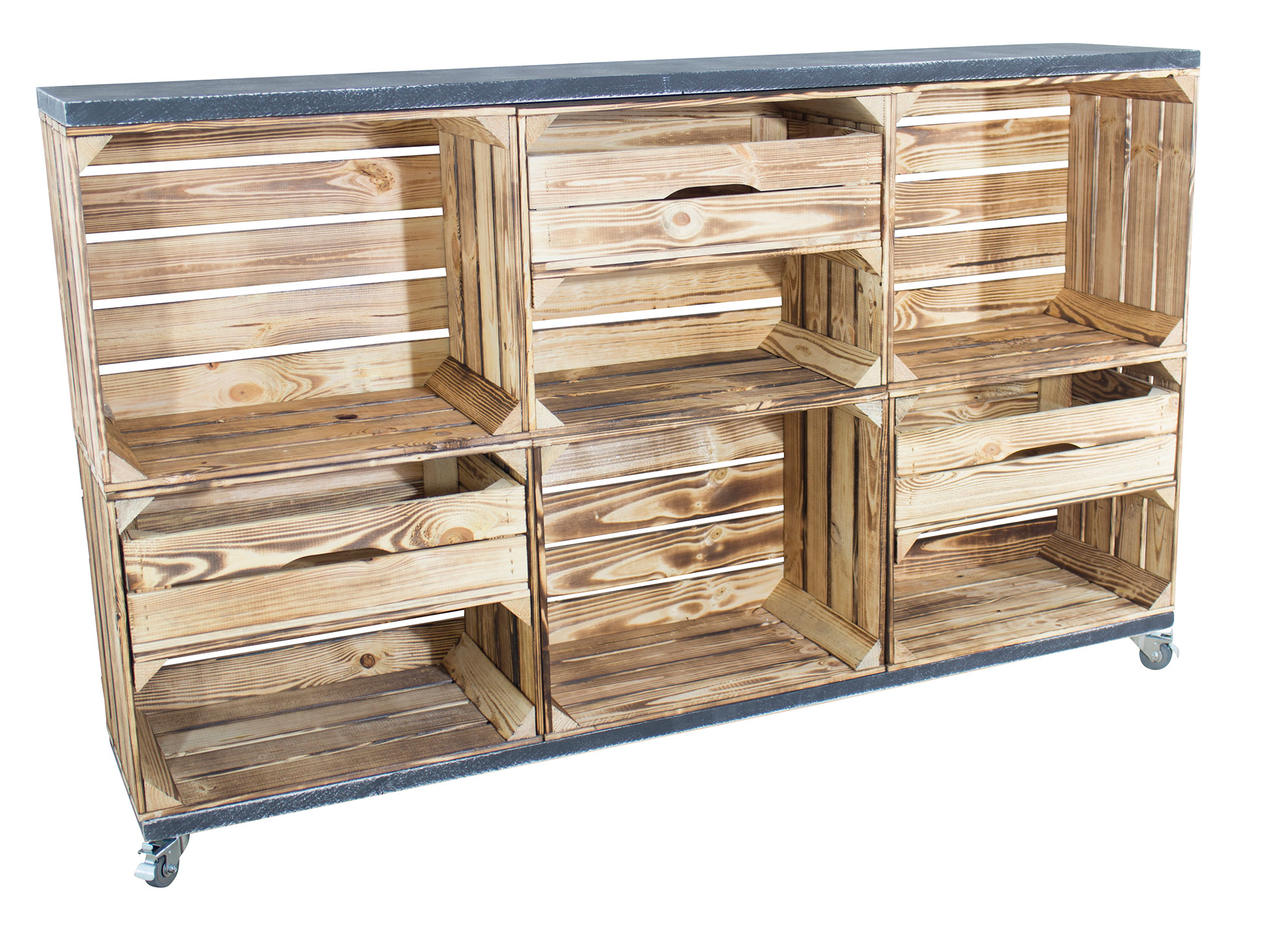 Kommode/ Raumtrenner aus 6 geflammten Kisten und 2 Bohlenbrettern in shabby schwarz auf Rollen, 150x