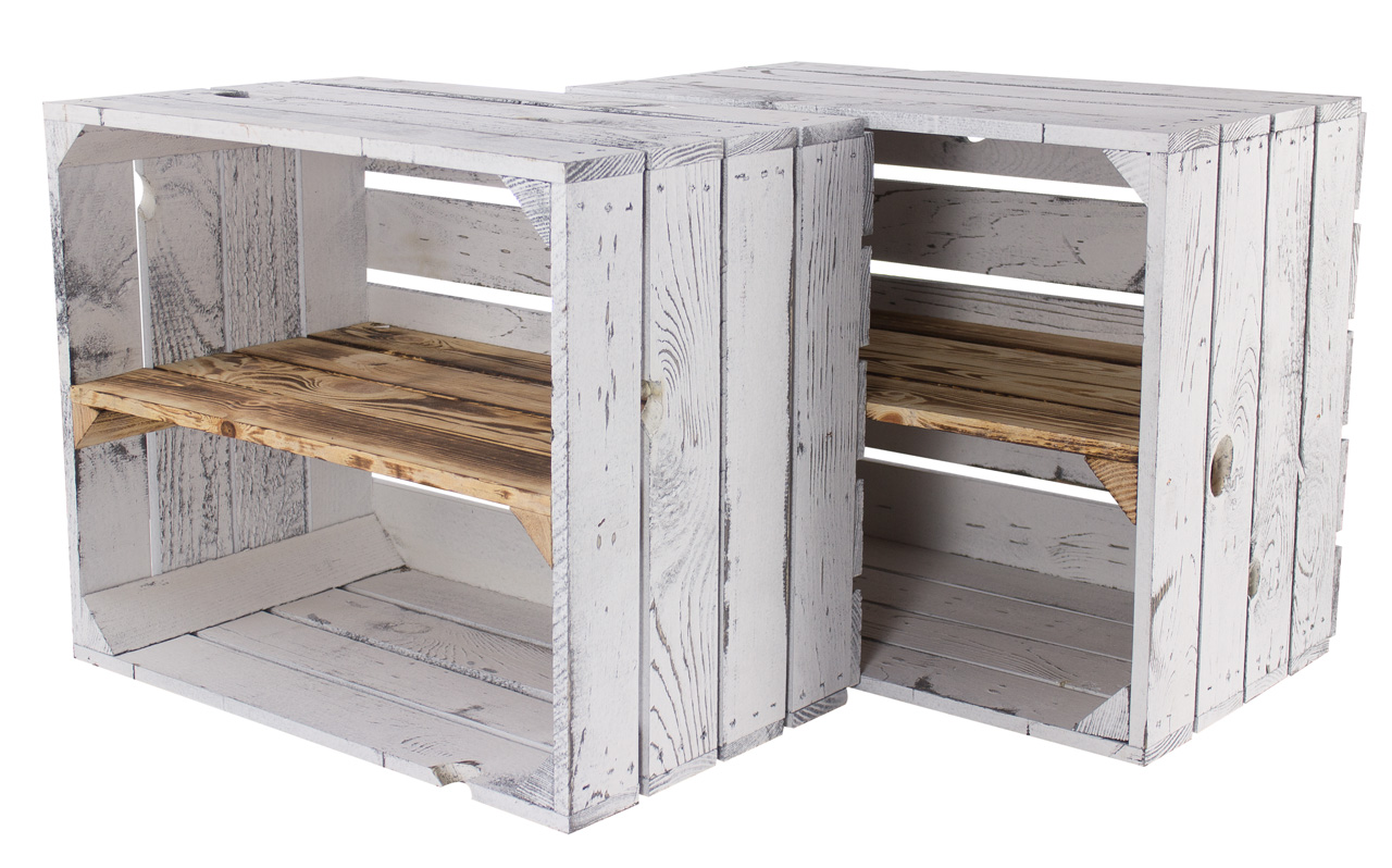 Massive Schuh- Bücherregalkiste Obstkiste Weinkiste Maße ca 50 x 40 x 31cm Weinkisten Dekokiste Regal (Shabby weiss Mittelbrett geflammt längs)