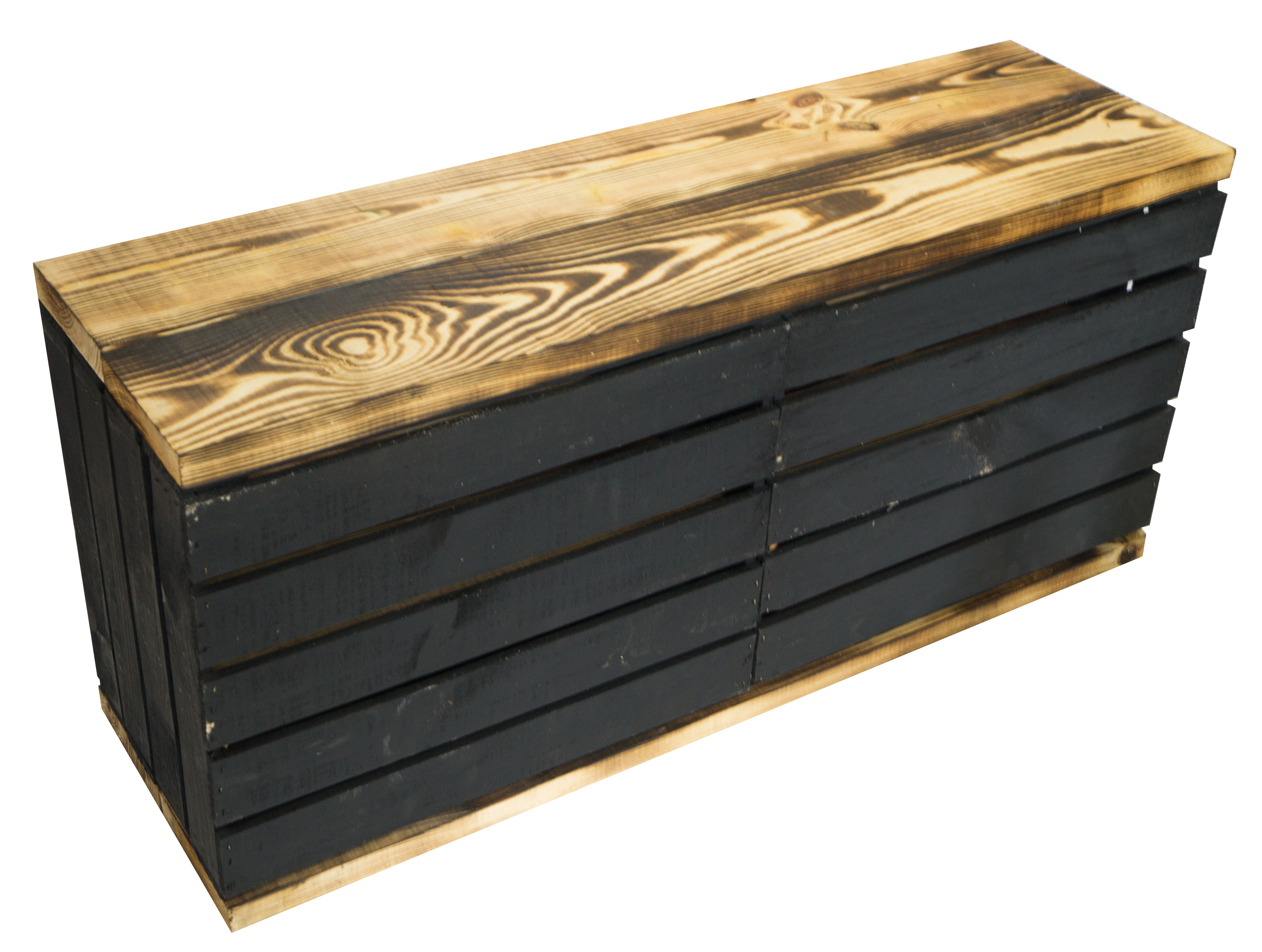 Banc noir avec assise en planches de bois épaisses flammées avec planche centrale flammée