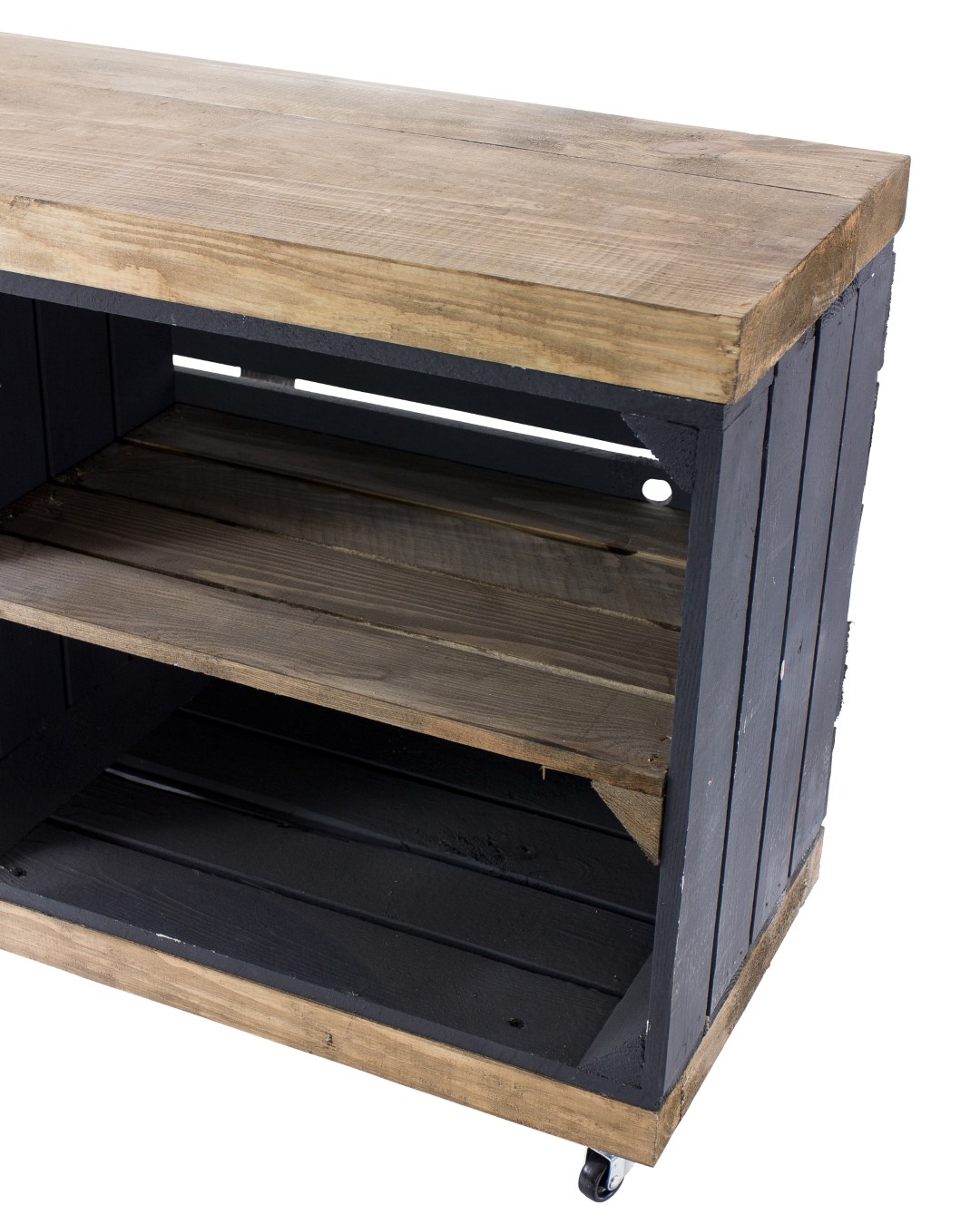 Sitzbank schwarz mit Sitzfläche aus dicken Holzplanken Palisandert mit Mittelbrett Palisander