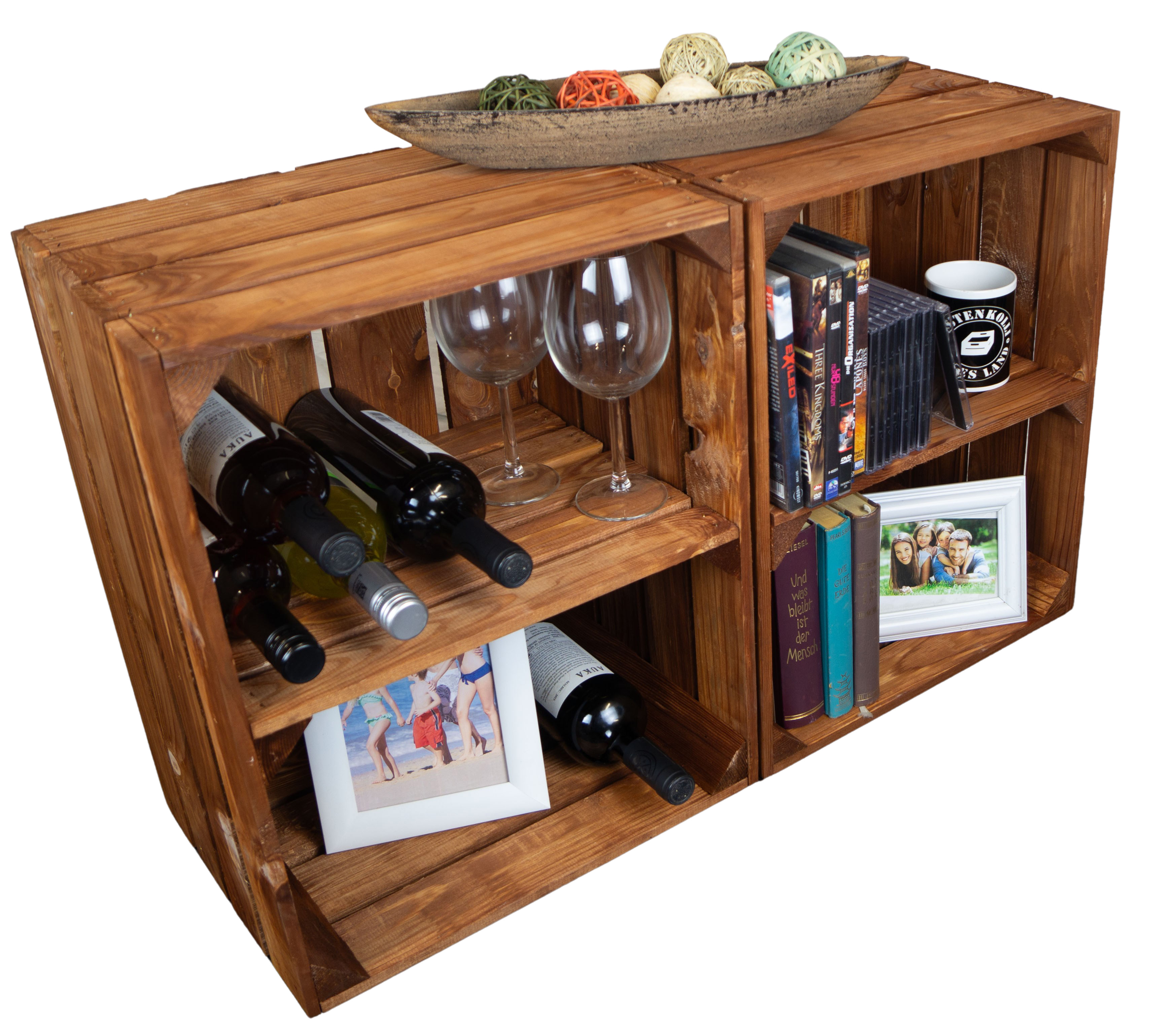 2er Set Holzkiste "Johanna" mit Mittelbrett quer lasiert in ocker 50x40x30cm Obstkistenregal Weinkiste Apfelkiste Regalkiste