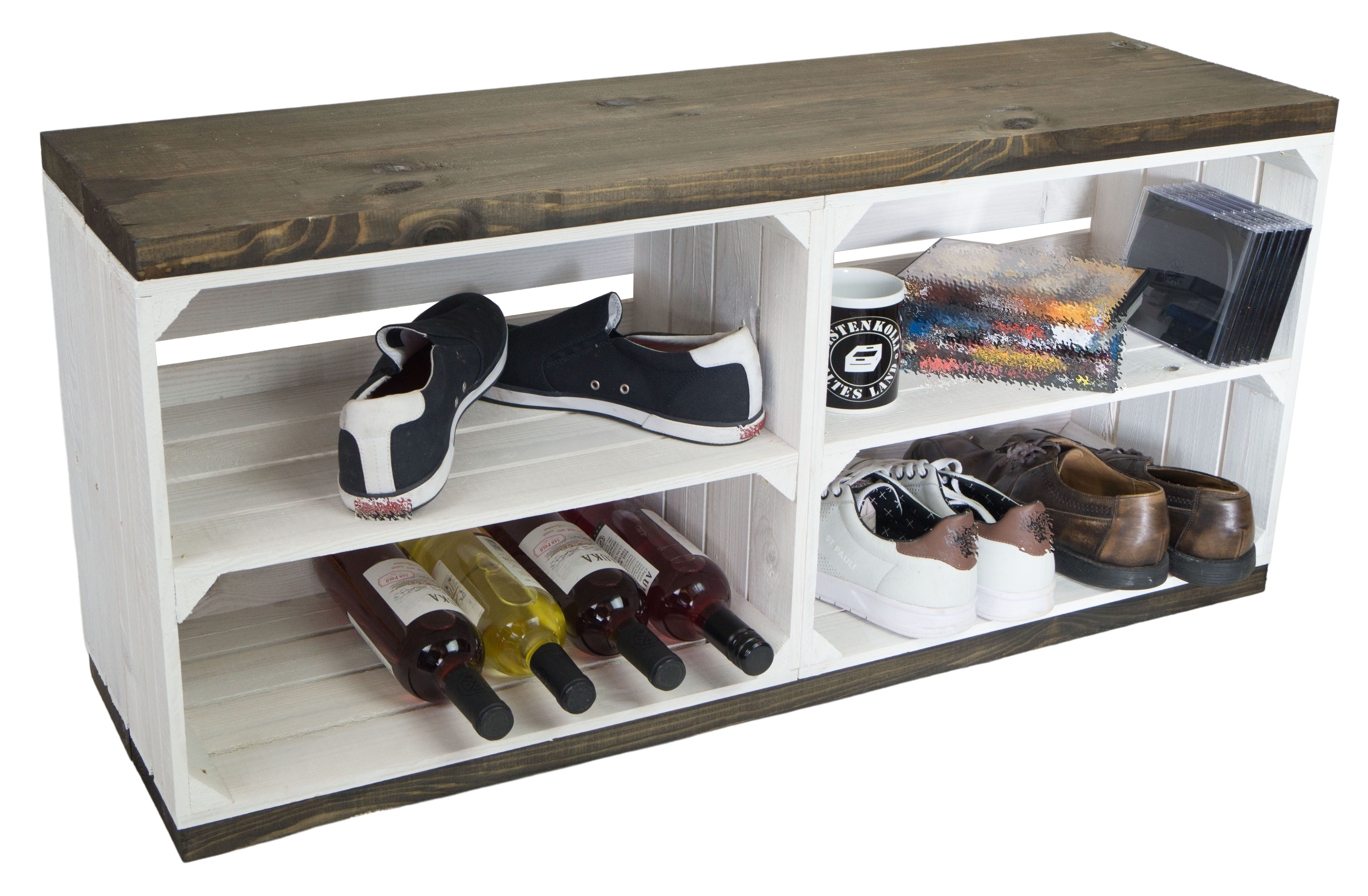Sitzbank weiss  mit Sitzfläche aus dicken schwarzen Holzplanken