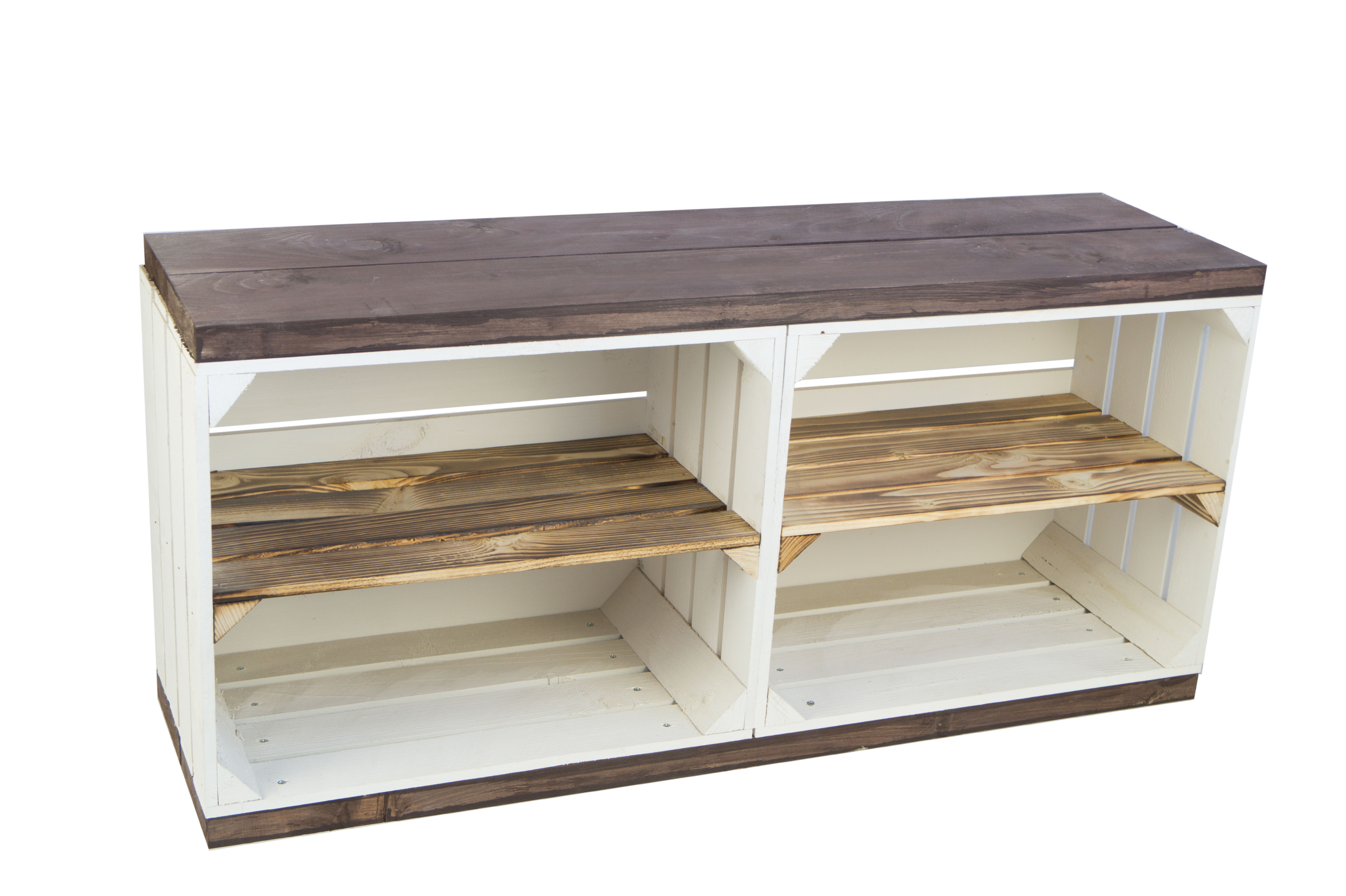Banc blanc avec assise en planches épaisses de palissandre ; planches centrales flammées