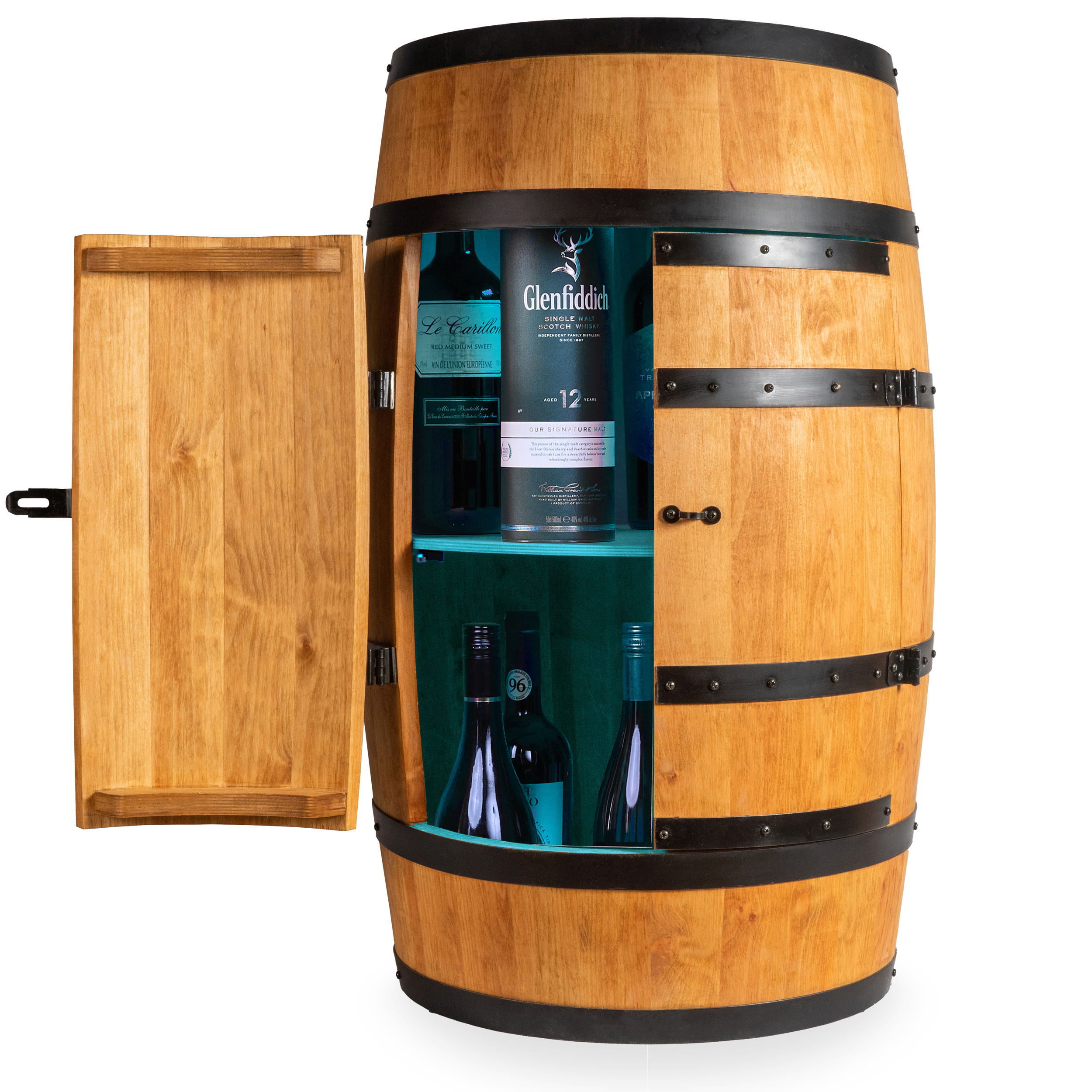 Holzfass mit Türen in heller Eichenoptik Hausbar mit LED – Rustikale Minibar im Weinfass Design – Weinregal & Flaschenständer aus Holz – Vintage Fassbar für Wohnzimmer, Bar oder Partykeller – ca. 80 cm #1 LED Mehrfarbig