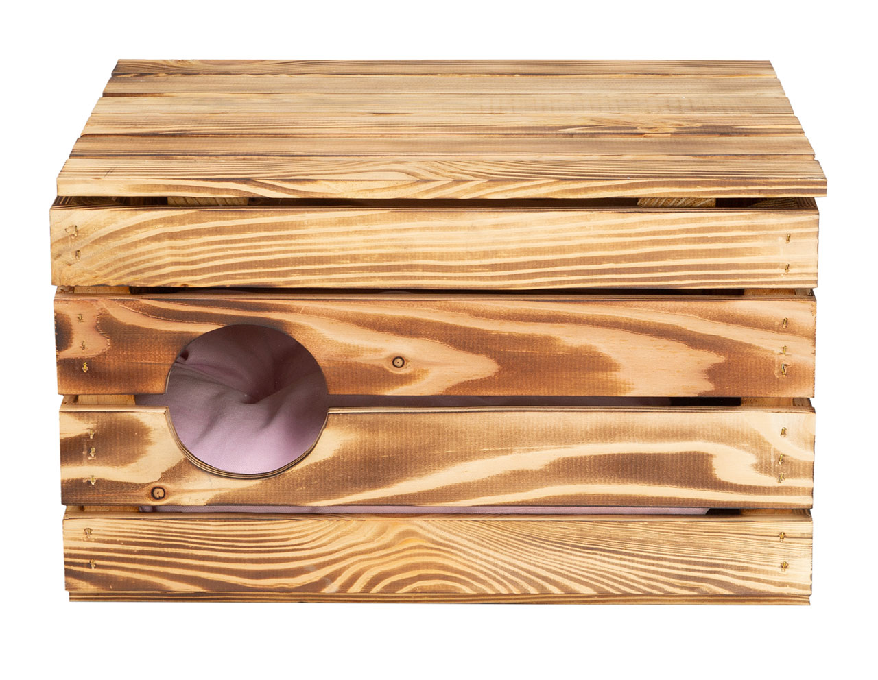 Katzenhöhle in geflammtem Holz mit Kissen 50x40x30cm