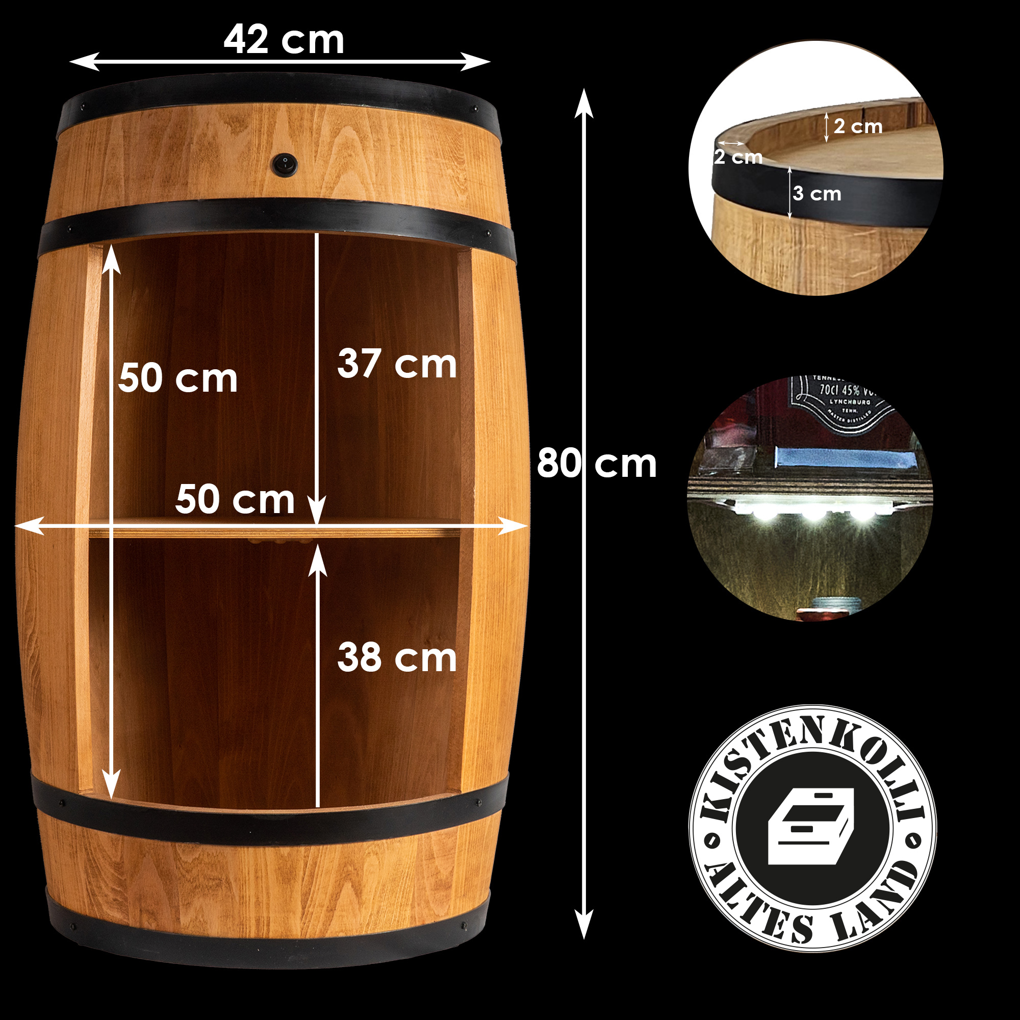 Holzfass in Farbton Wenge Hausbar mit LED – Rustikale Minibar im Weinfass Design – Weinregal & Flaschenständer aus Holz – Vintage Fassbar für Wohnzimmer, Bar oder Partykeller – ca. 80 cm #1 LED Einfarbig
