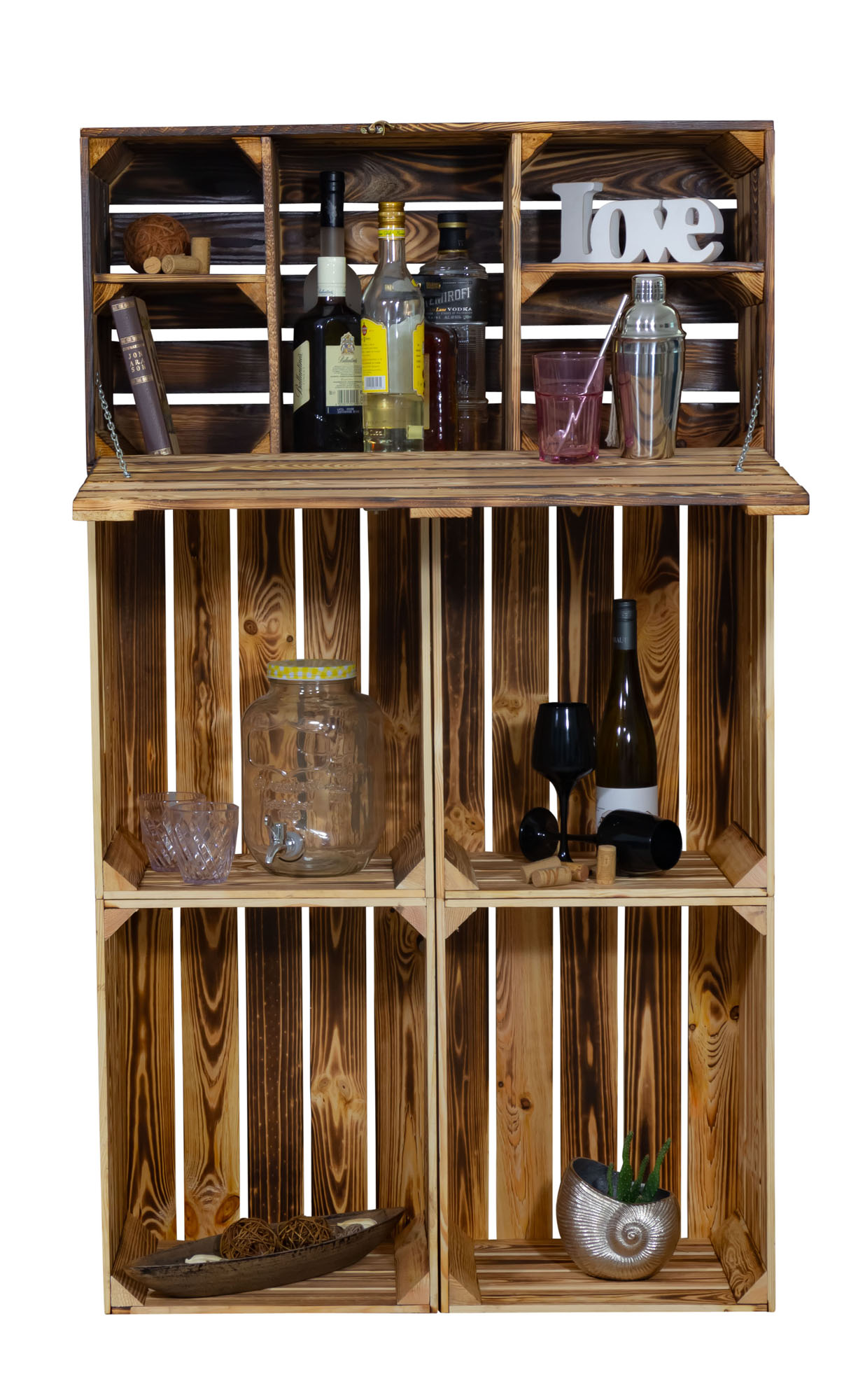Minibar "Daniel" avec fonction pliante et étagère à bouteilles (Flammé)
