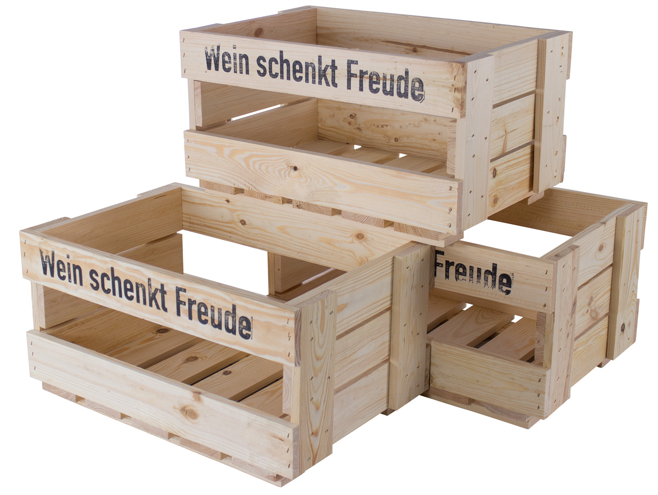 Neue Weinkisten "Wein schenkt Freude"  Natur ca 46 x 30,5 x 24cm Obstkiste Holzkiste Regalkiste Weinlagerung Weinregal