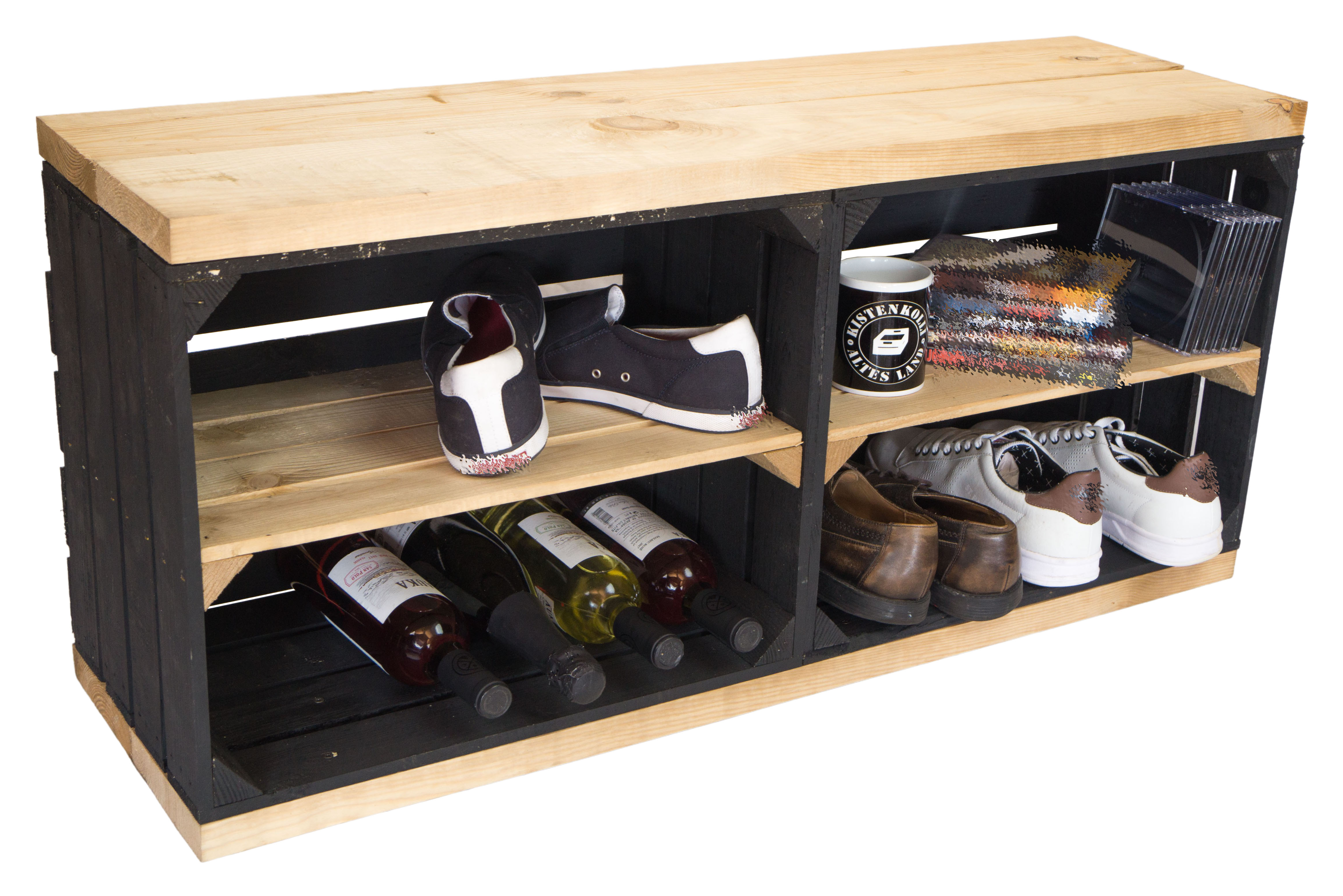 Sitzbank schwarz mit Sitzfläche aus dicken Holzplanken Natur mit Mittelbrett Natur