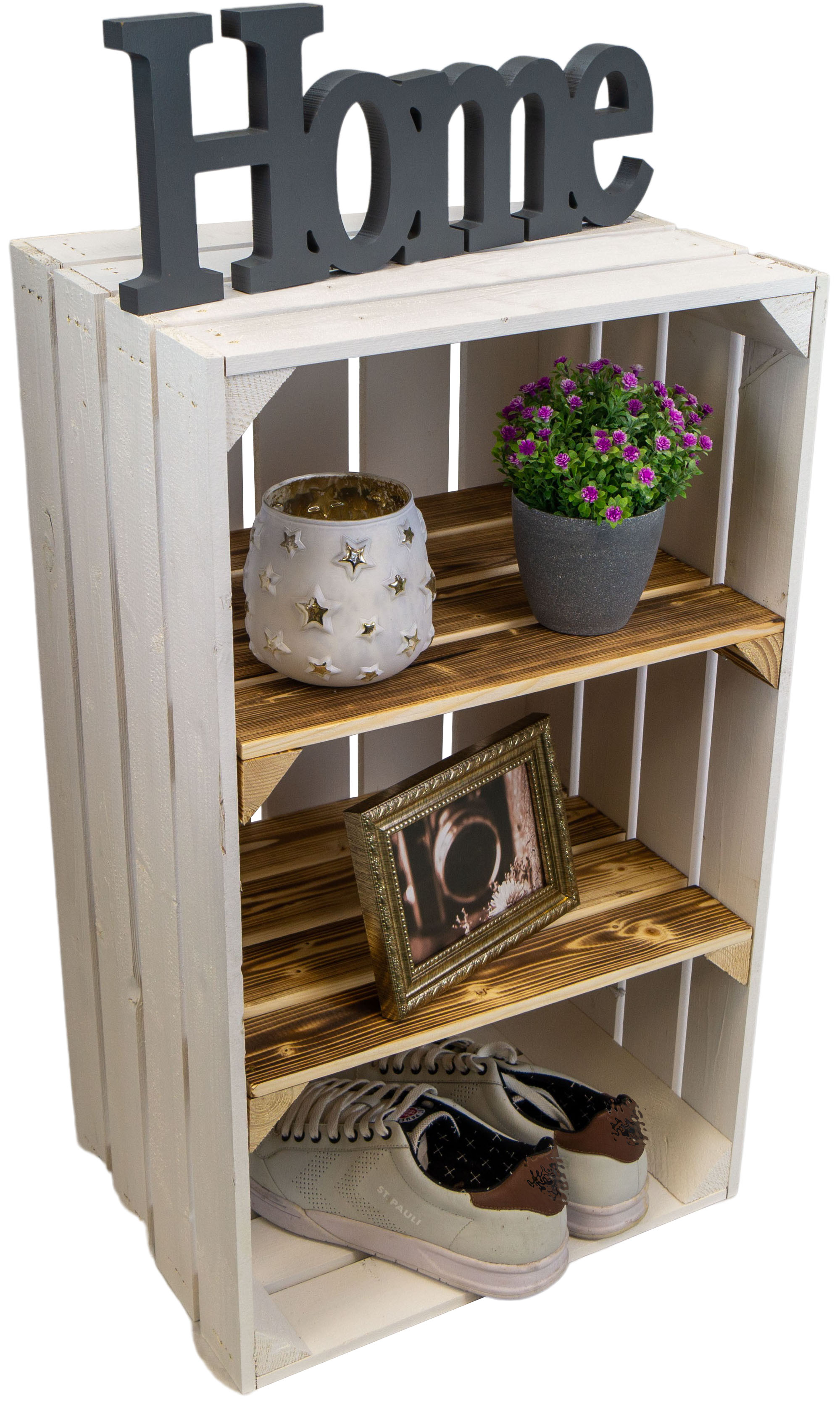 grosses Obstkistenregal  "WILLI" weiß  mit zwei Mittelbrettern geflammt quer