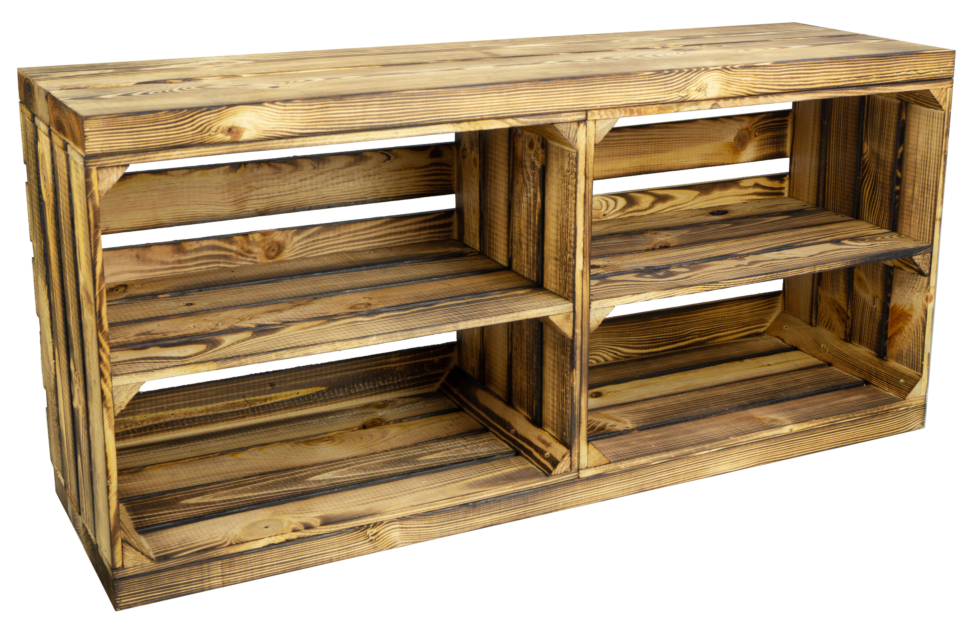 Banc flammé avec siège en planches de bois épaisses flammées avec planche centrale flammée