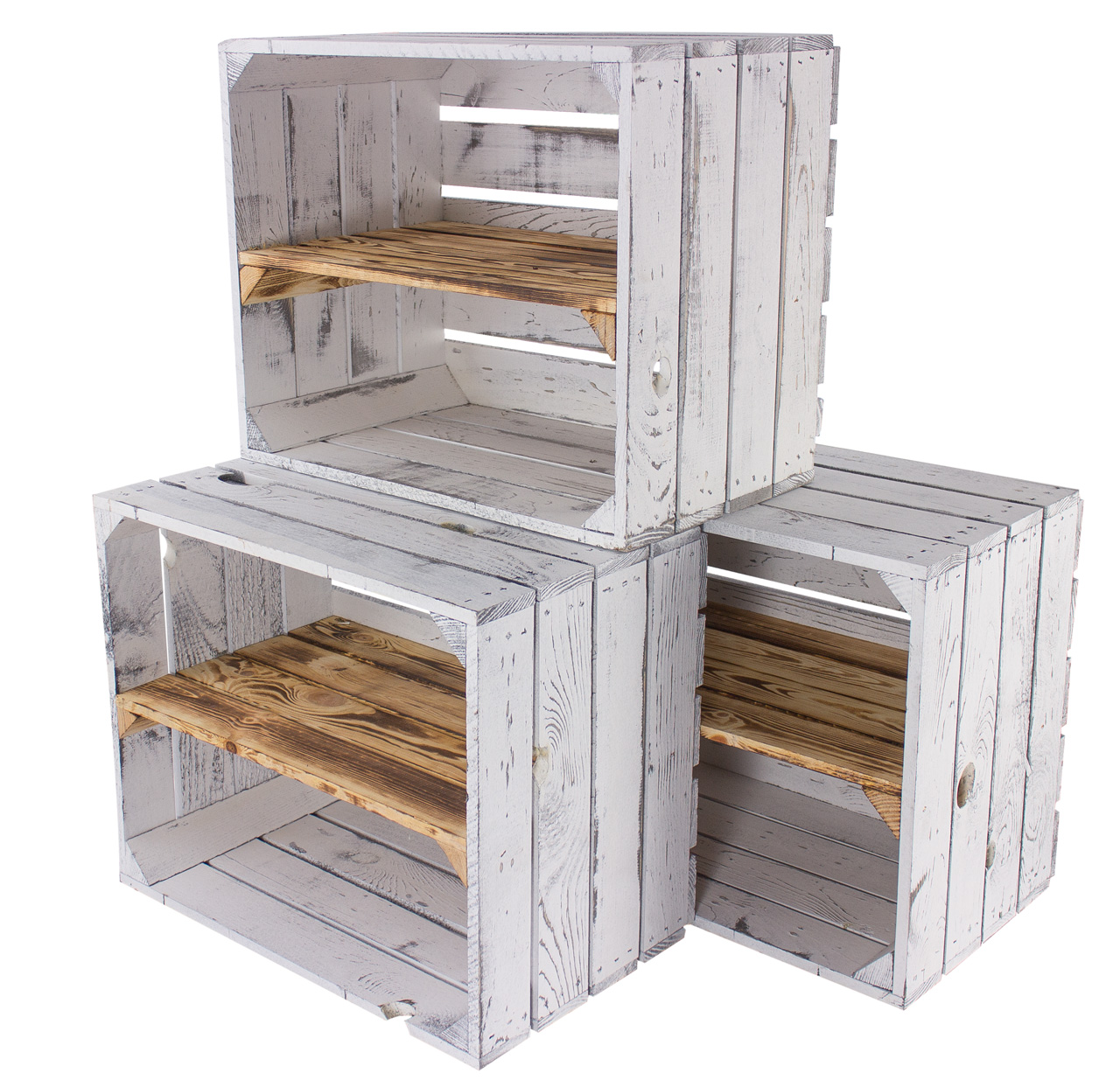 Massive Schuh- Bücherregalkiste Obstkiste Weinkiste Maße ca 50 x 40 x 31cm Weinkisten Dekokiste Regal (Shabby weiss Mittelbrett geflammt längs)