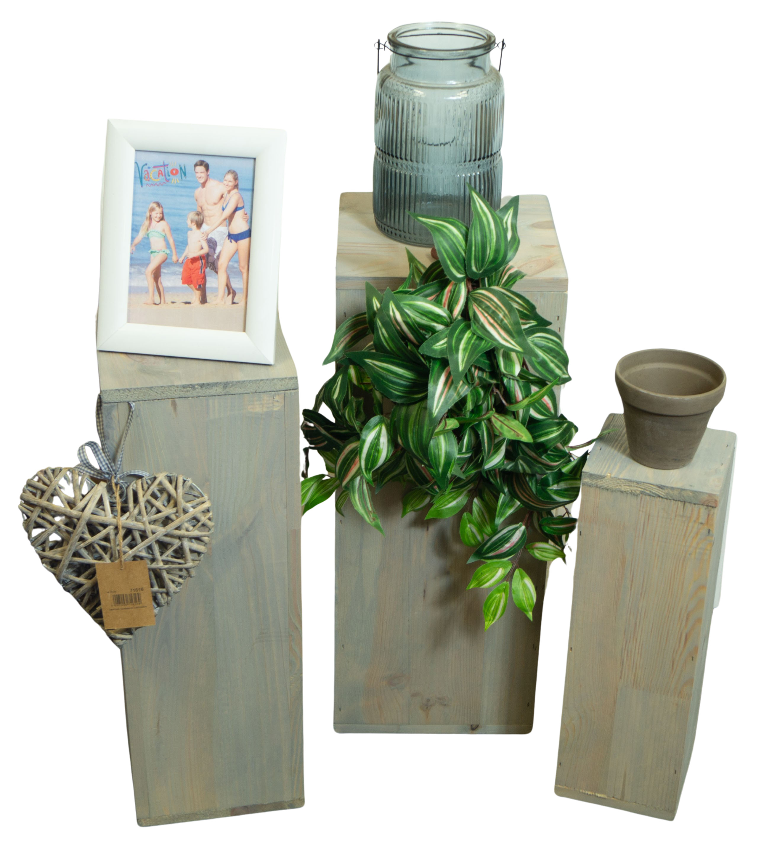 3er Set Dekosäulen viereckig in shabby natur 24x24x60cm Holzblock Holzständer