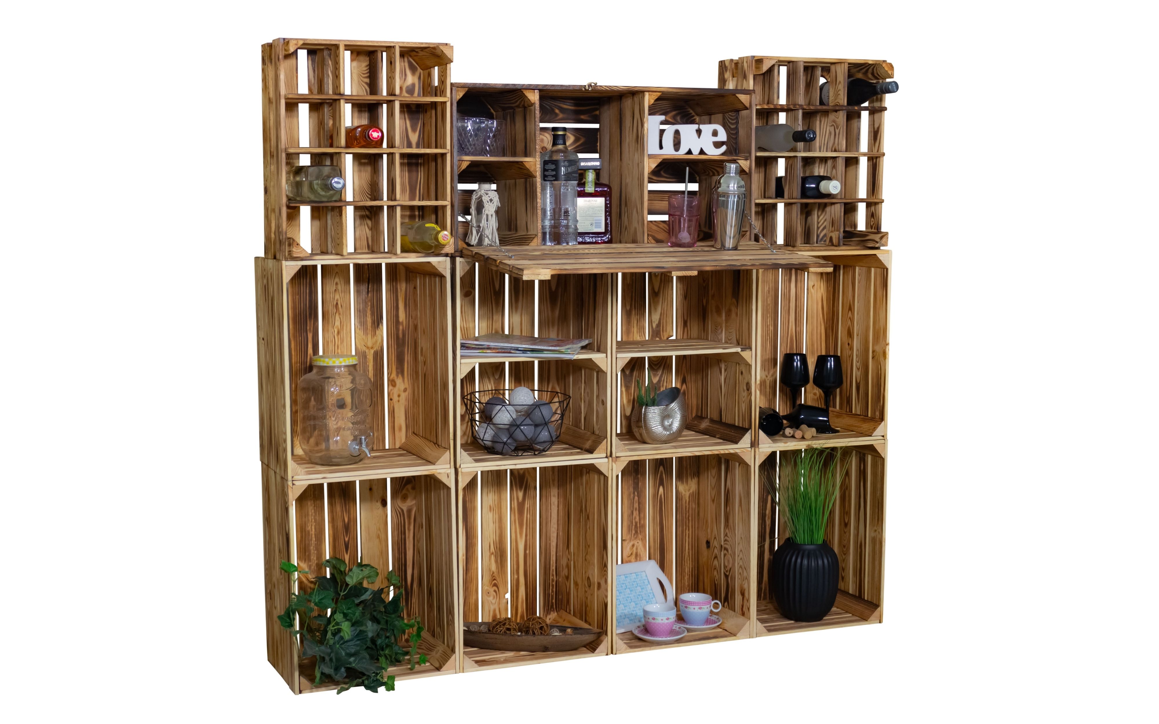 Hausbar "Jack" mit Klappfunktion und Flaschenregal (Geflammt)