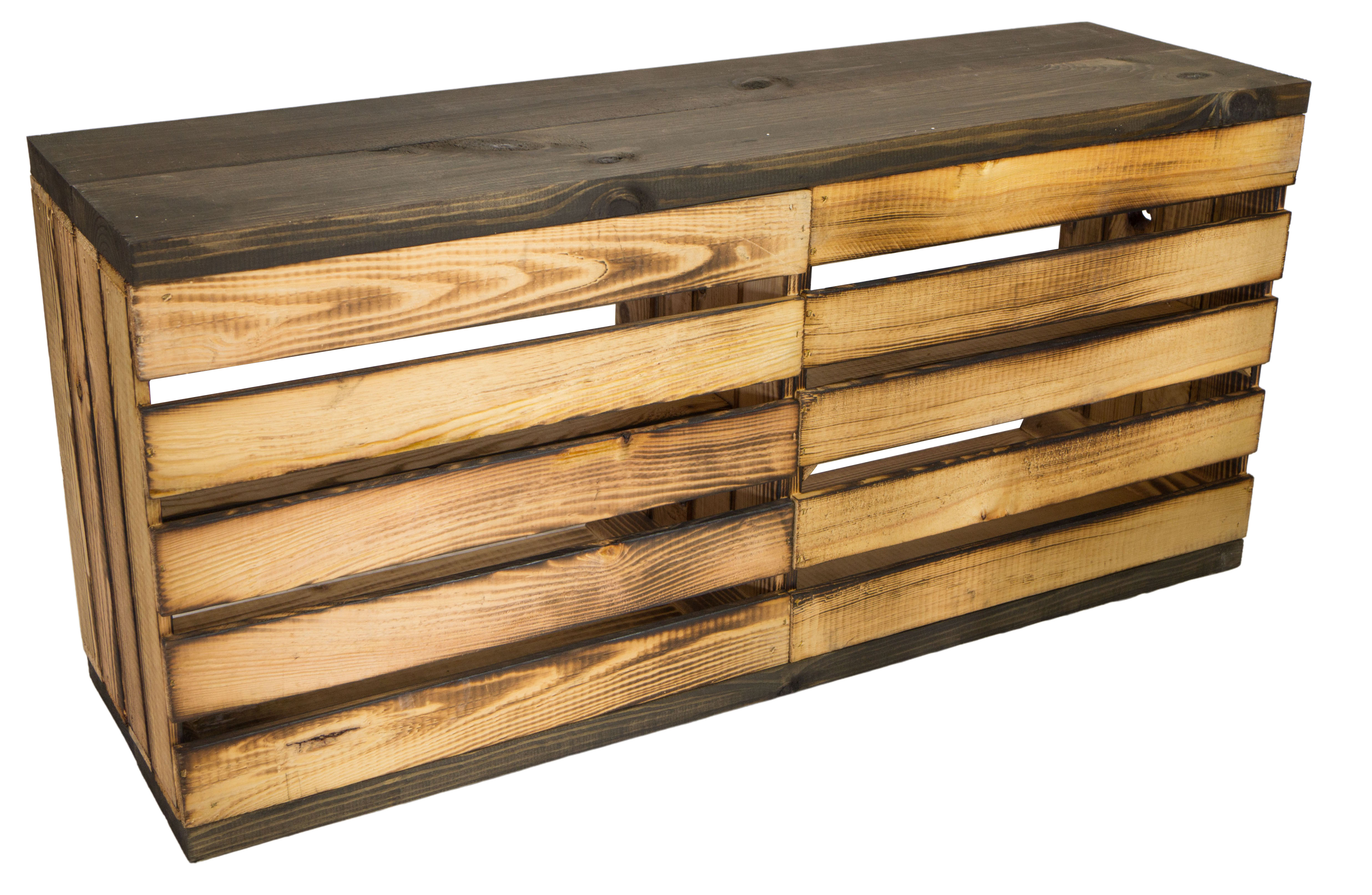 Banc flammé avec siège en planches épaisses de bois noir