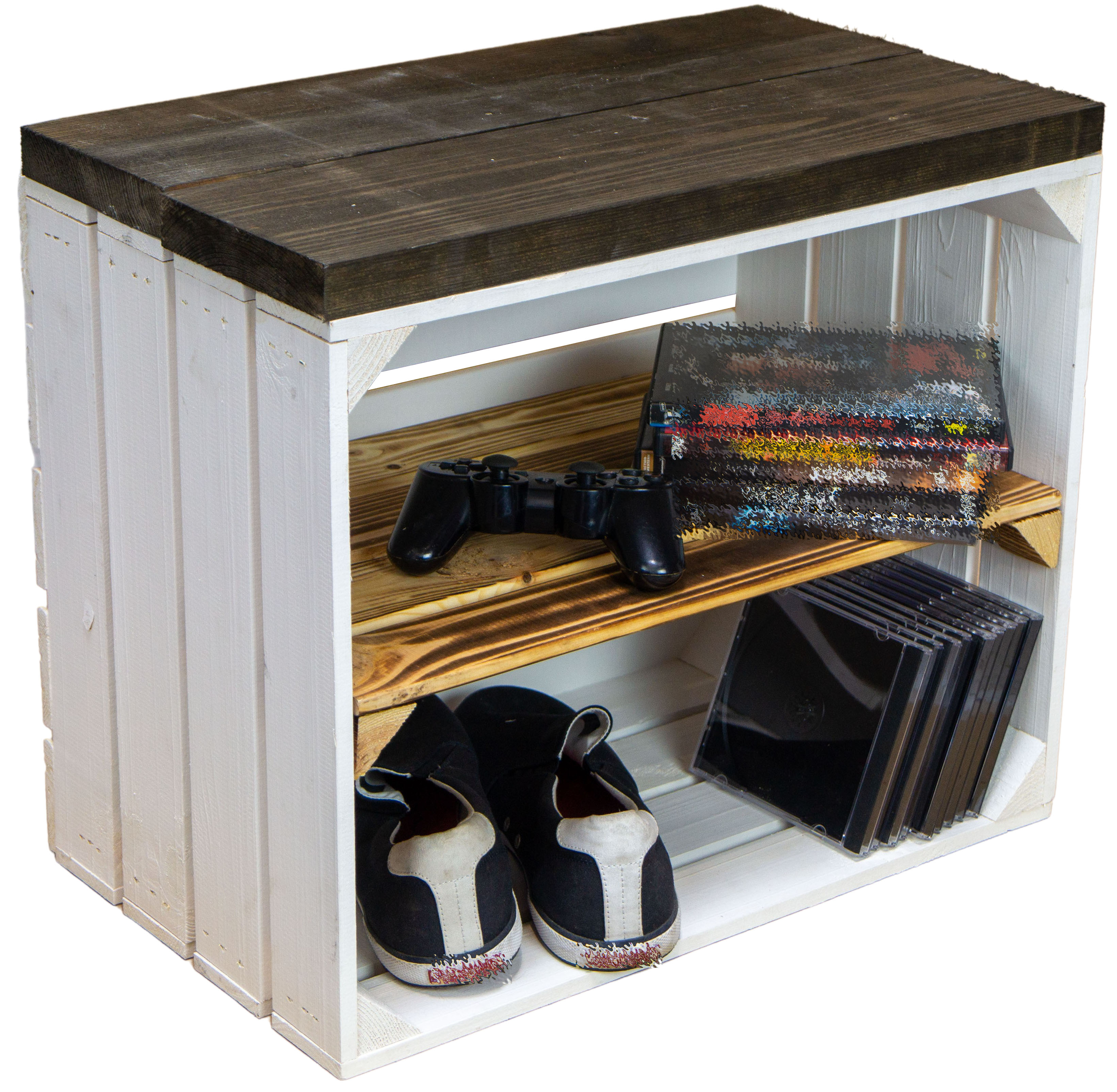 Sitzkiste Johanna - weiß geflammt Längs - mit Planke