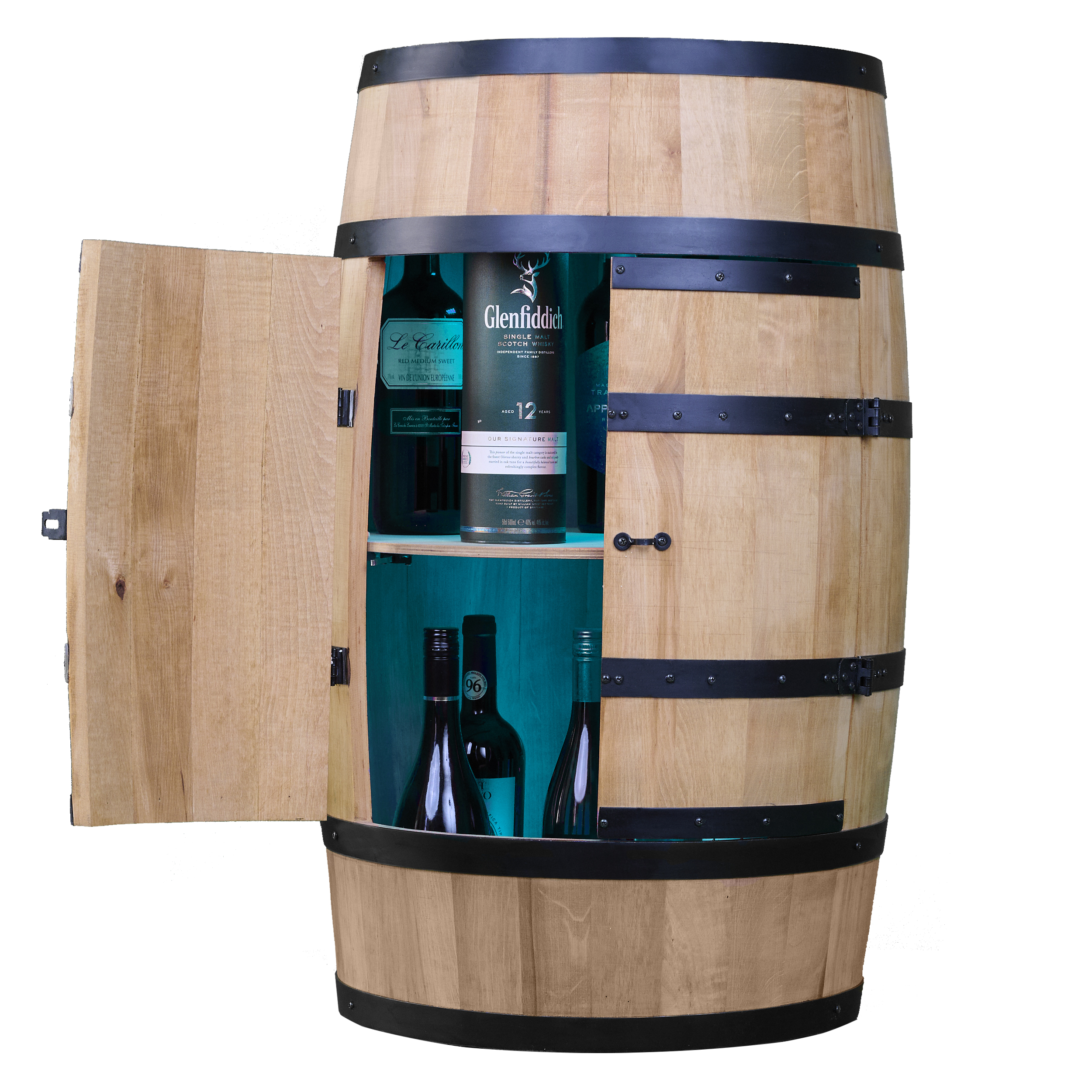 Holzfass mit Türen in heller Eichenoptik Hausbar mit LED – Rustikale Minibar im Weinfass Design – Weinregal & Flaschenständer aus Holz – Vintage Fassbar für Wohnzimmer, Bar oder Partykeller – ca. 80 cm #1 LED Mehrfarbig