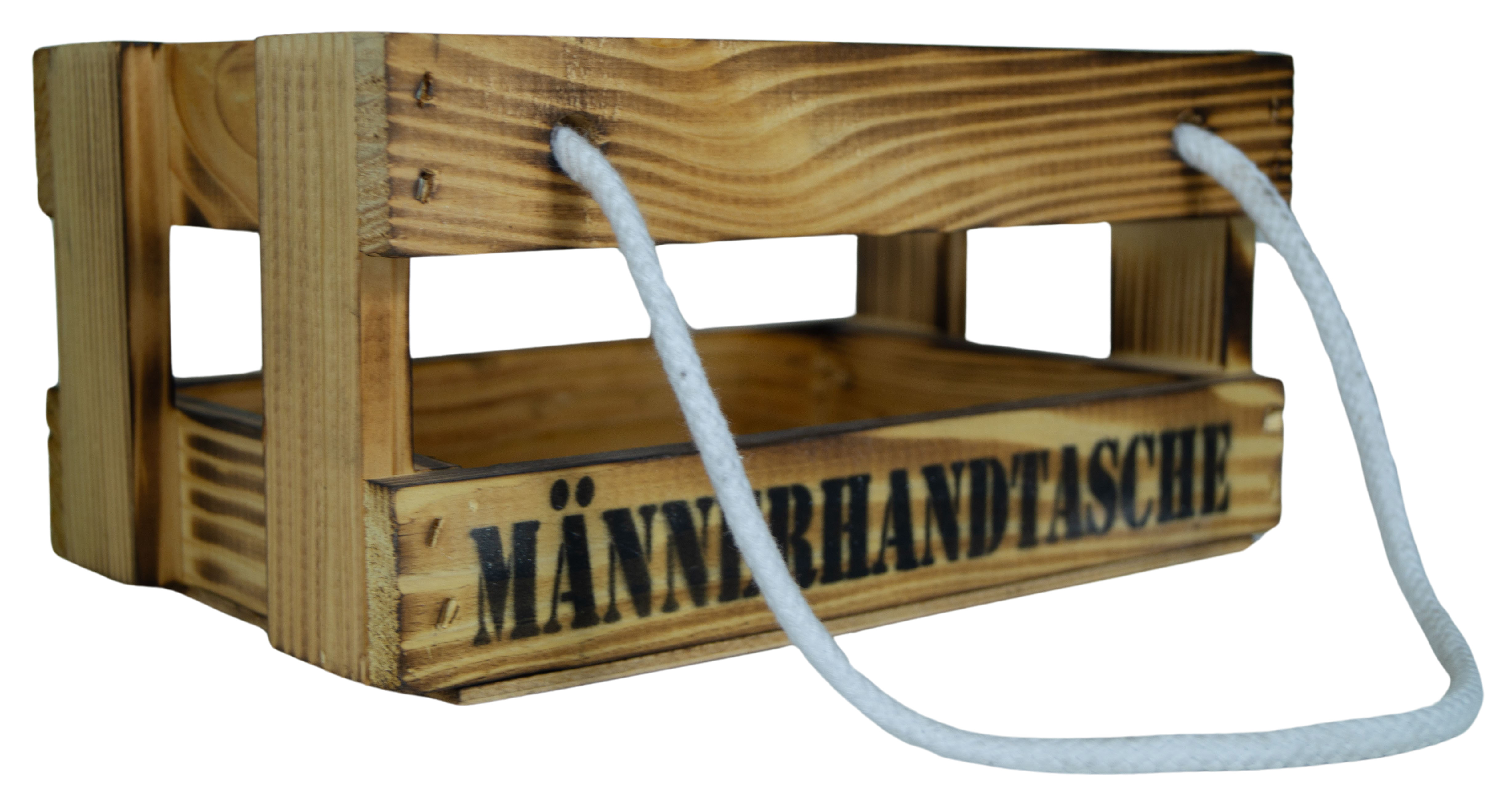 Holzkiste mit Griffbändern "Männerhandtasche" in geflammt mit Platz für bis zu 6 Getränke Bierkiste Bierträger Flaschenkiste