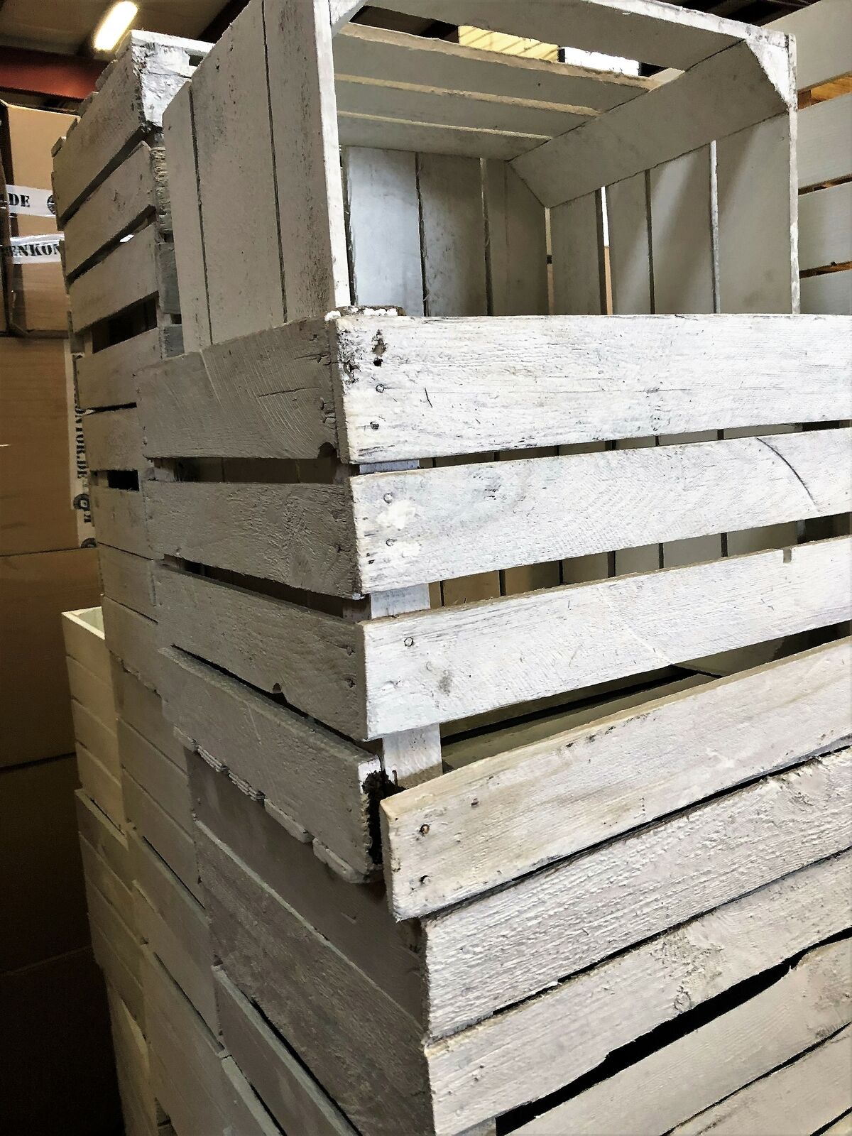 4 Stück B Ware gebrauchte weiße Obstkisten shabby white holzkisten Weinkisten