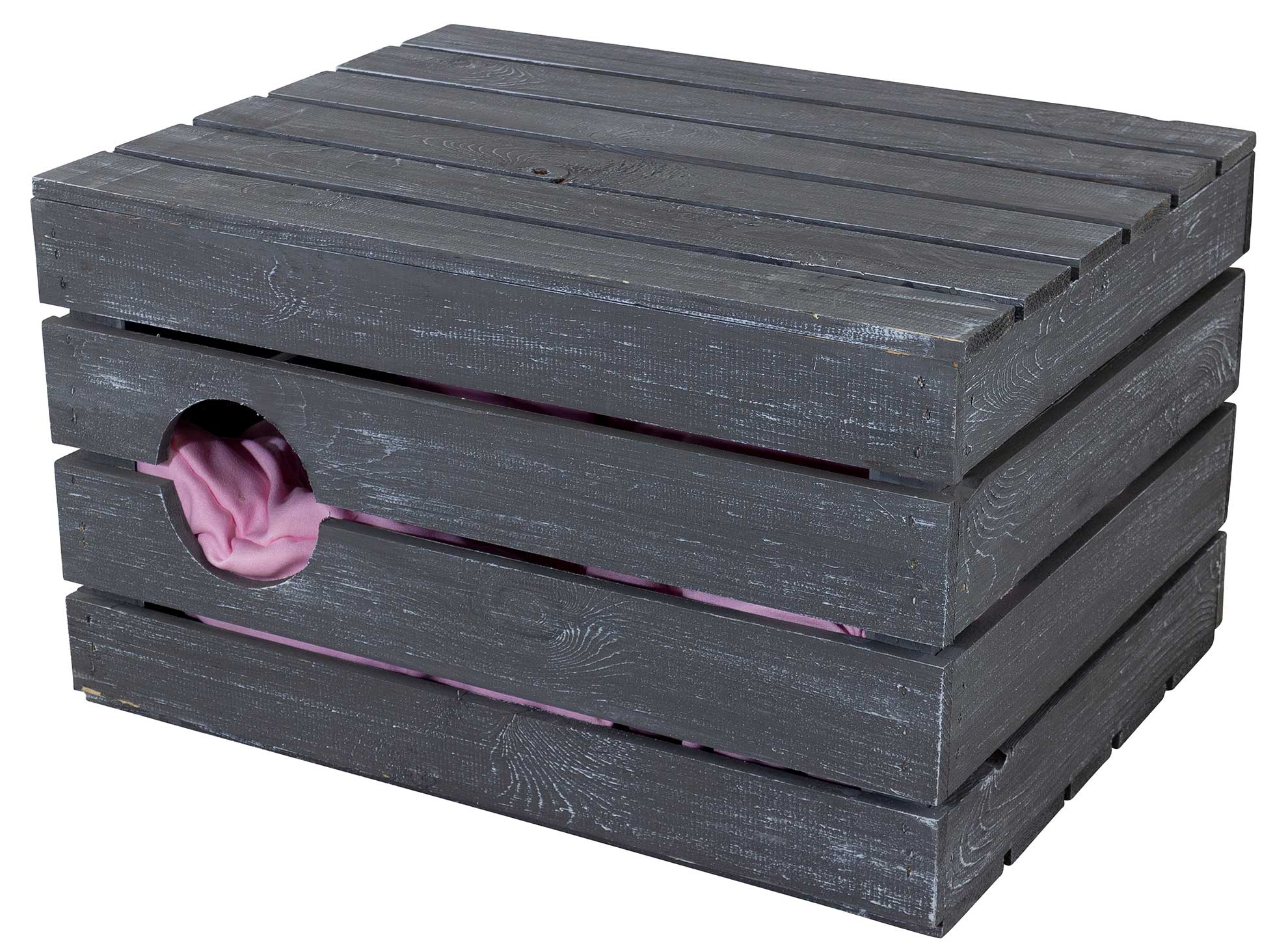 Große Katzenhöhle Shabby Schwarz Holz mit Kissen 60x45x35cm