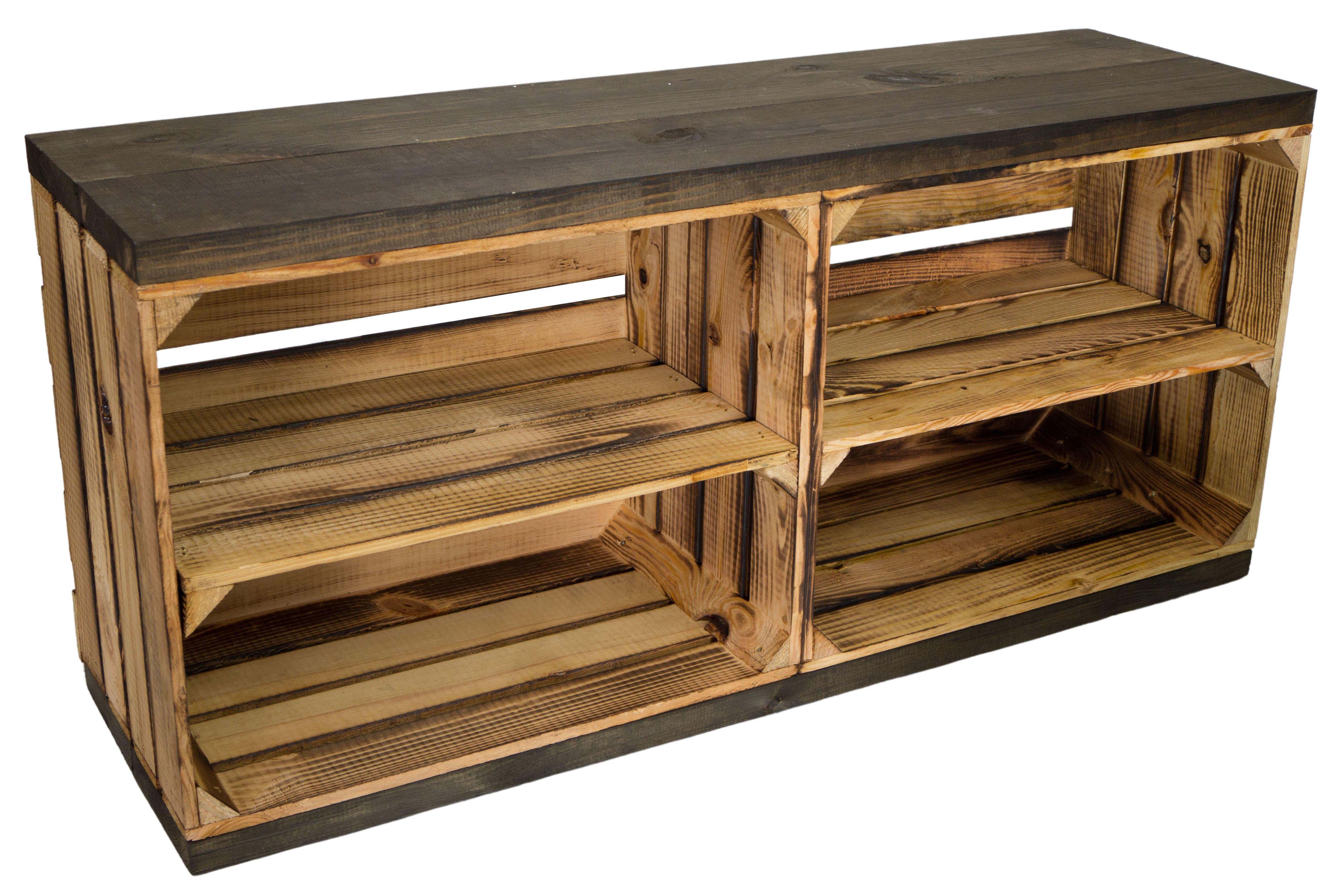 Banc flammé avec siège en planches épaisses de bois noir