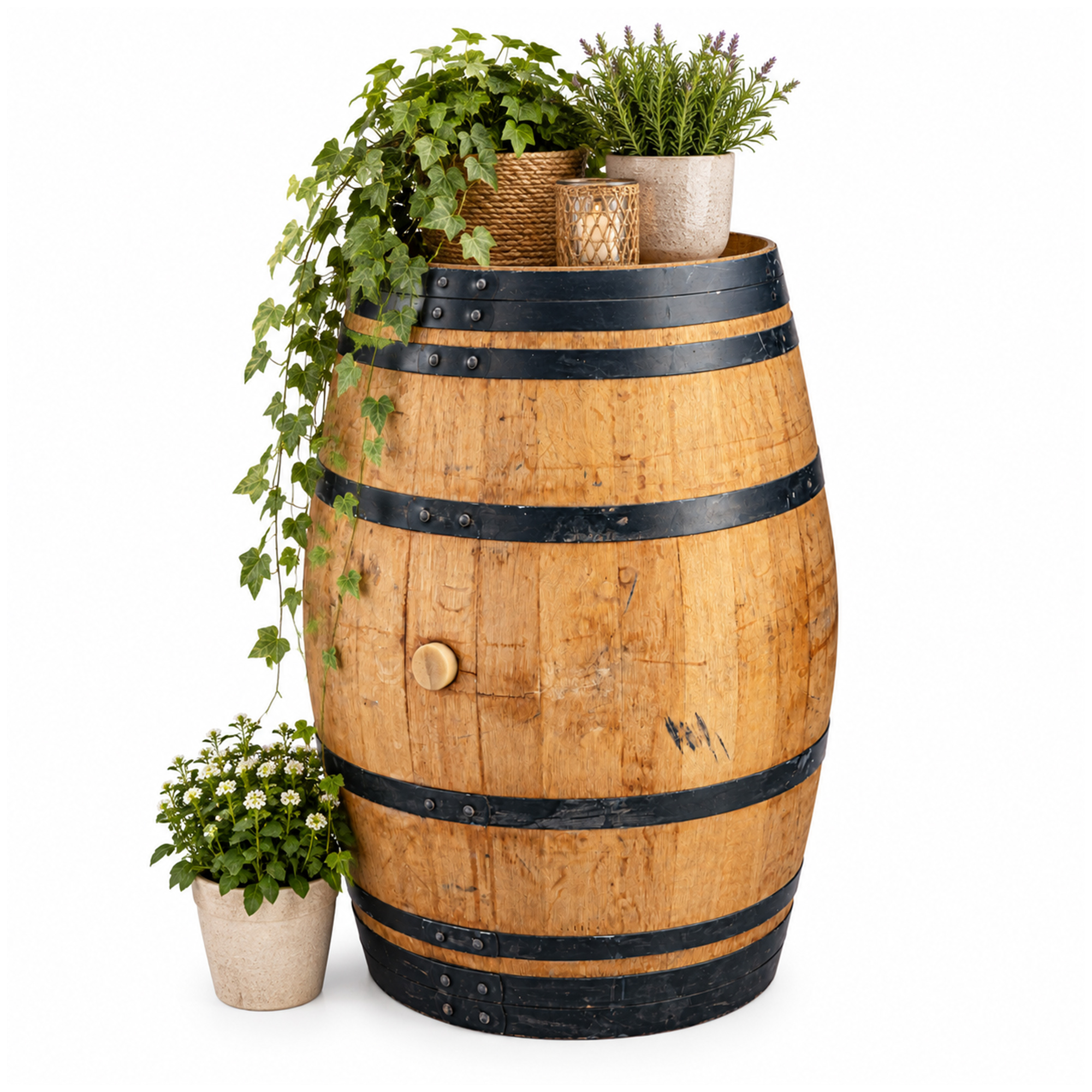 Gebrauchtes Weinfass  / schwarze Ringe 225L kaufen – Eichenfass für Garten, Deko & Möbelbau