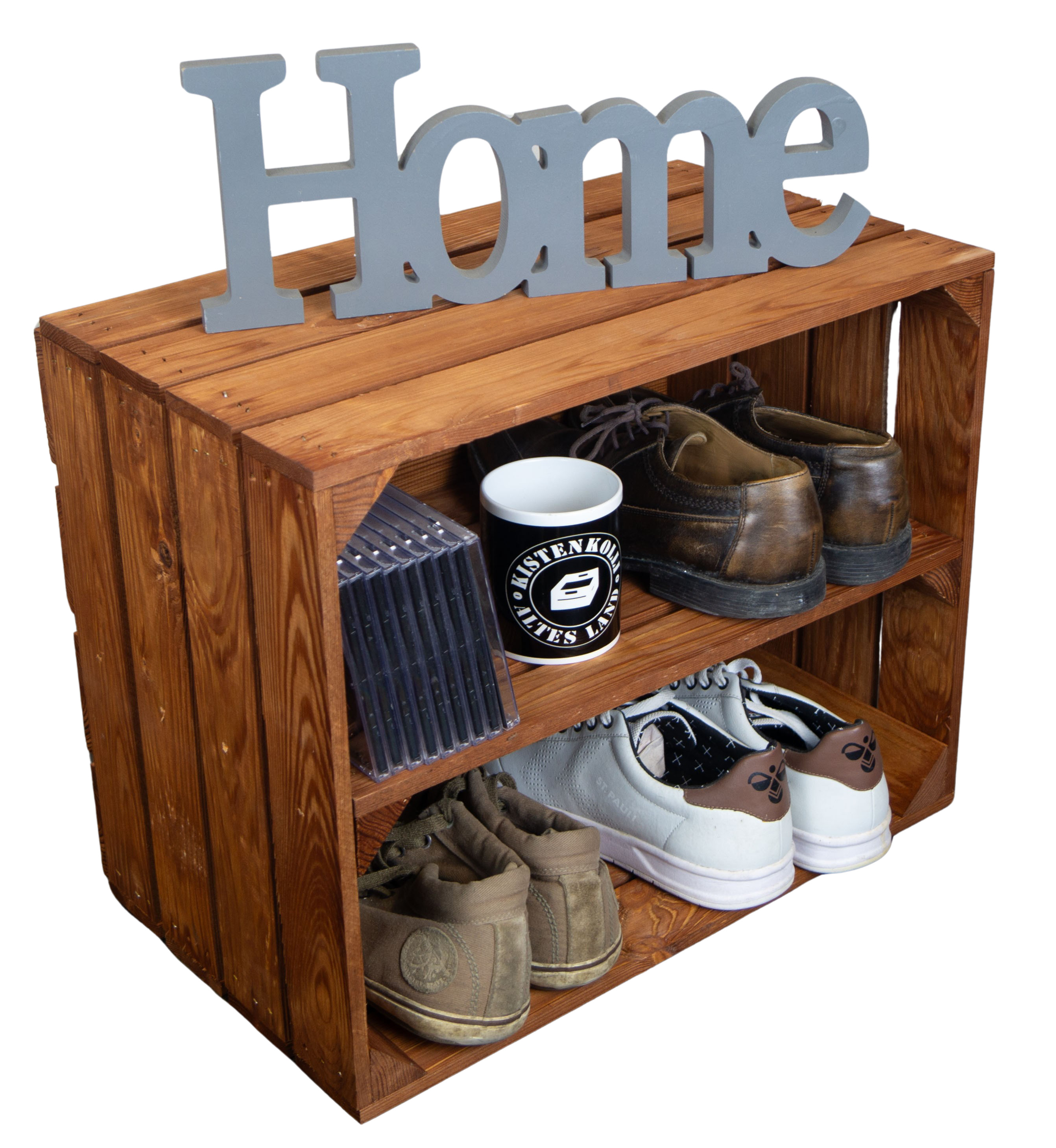 2er Set Holzkiste "Johanna" mit Mittelbrett längs lasiert in ocker 50x40x30cm Schuhregal Holzkiste Weinkiste Apfelkiste Regalkiste