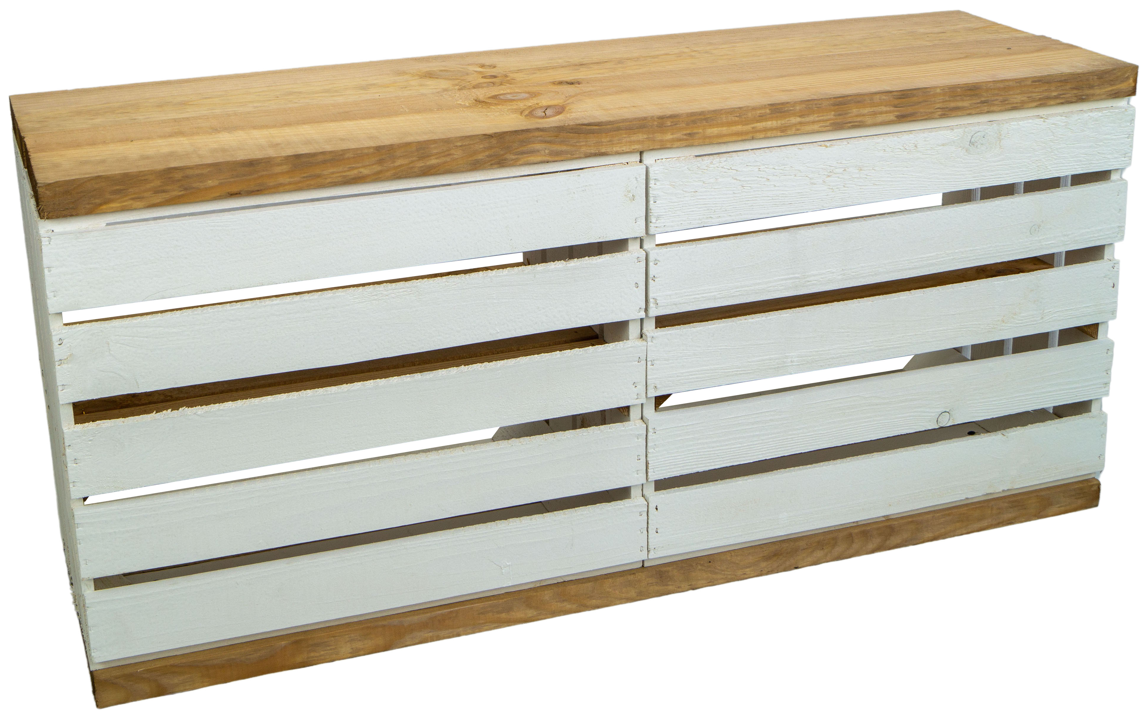 Sitzbank weiss mit Sitzfläche aus dicken Holzplanken Natur mit Mittelbrett Natur