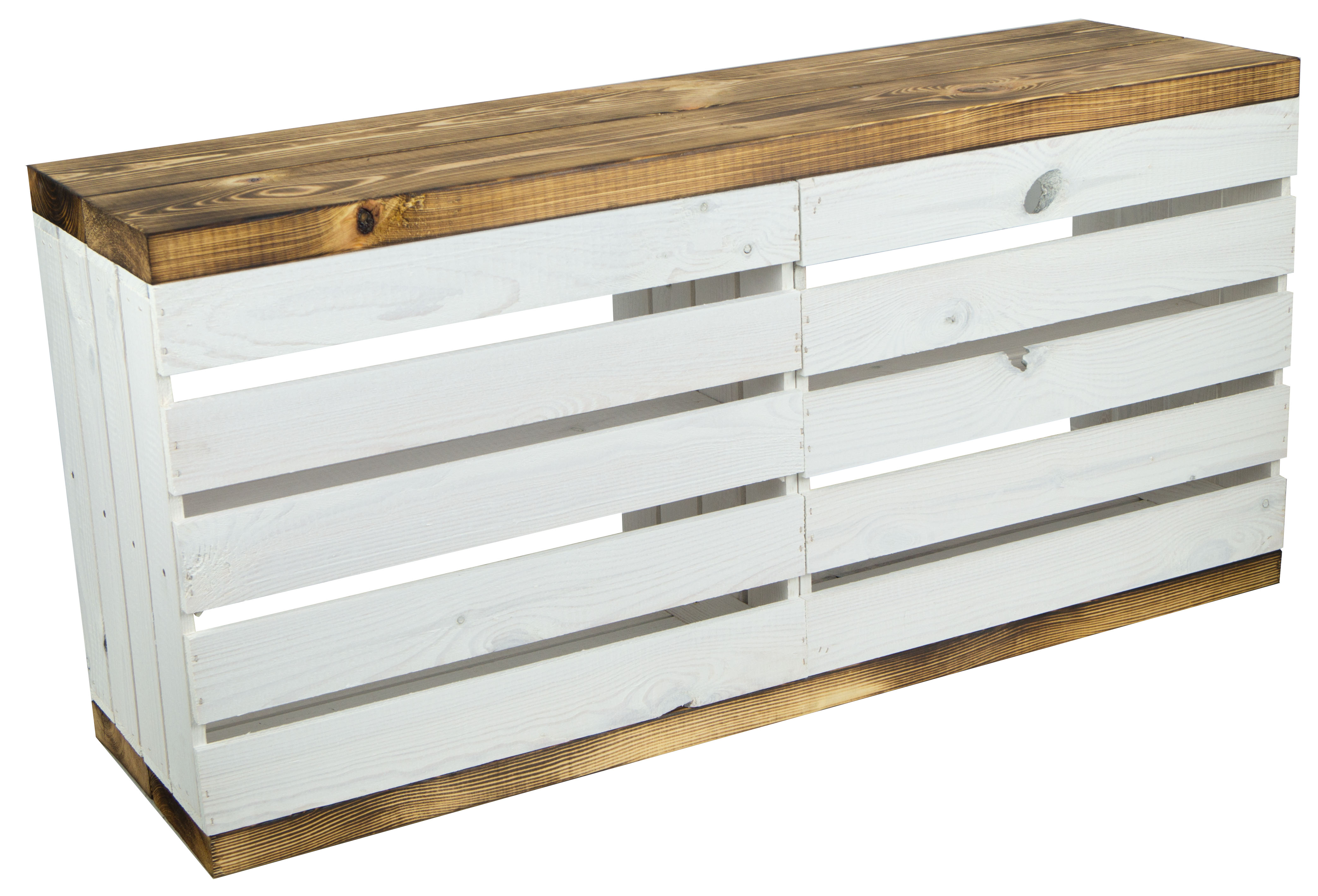 Banc blanc avec assise en planches de bois épaisses flammées avec planche centrale blanche