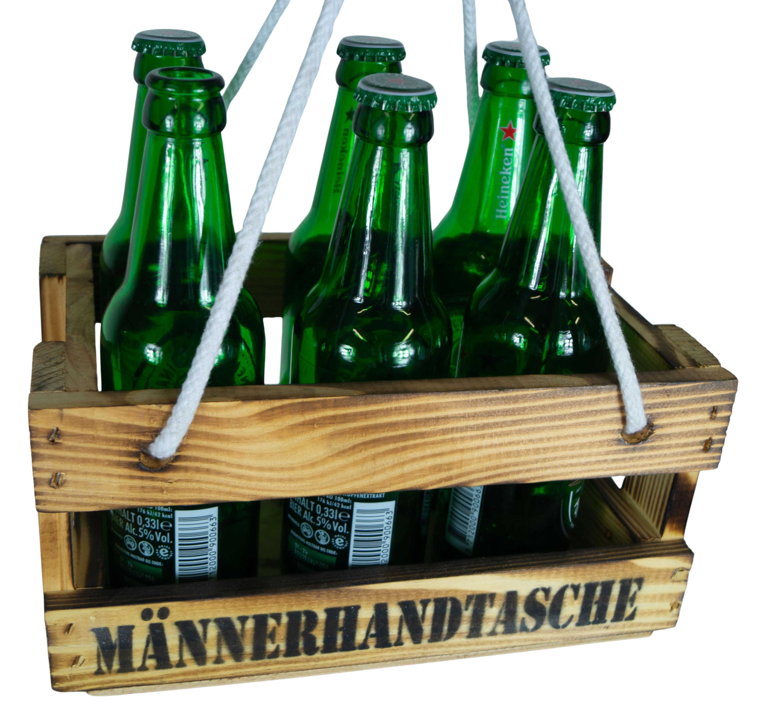 Holzkiste mit Griffbändern "Männerhandtasche" in geflammt mit Platz für bis zu 6 Getränke Bierkiste Bierträger Flaschenkiste