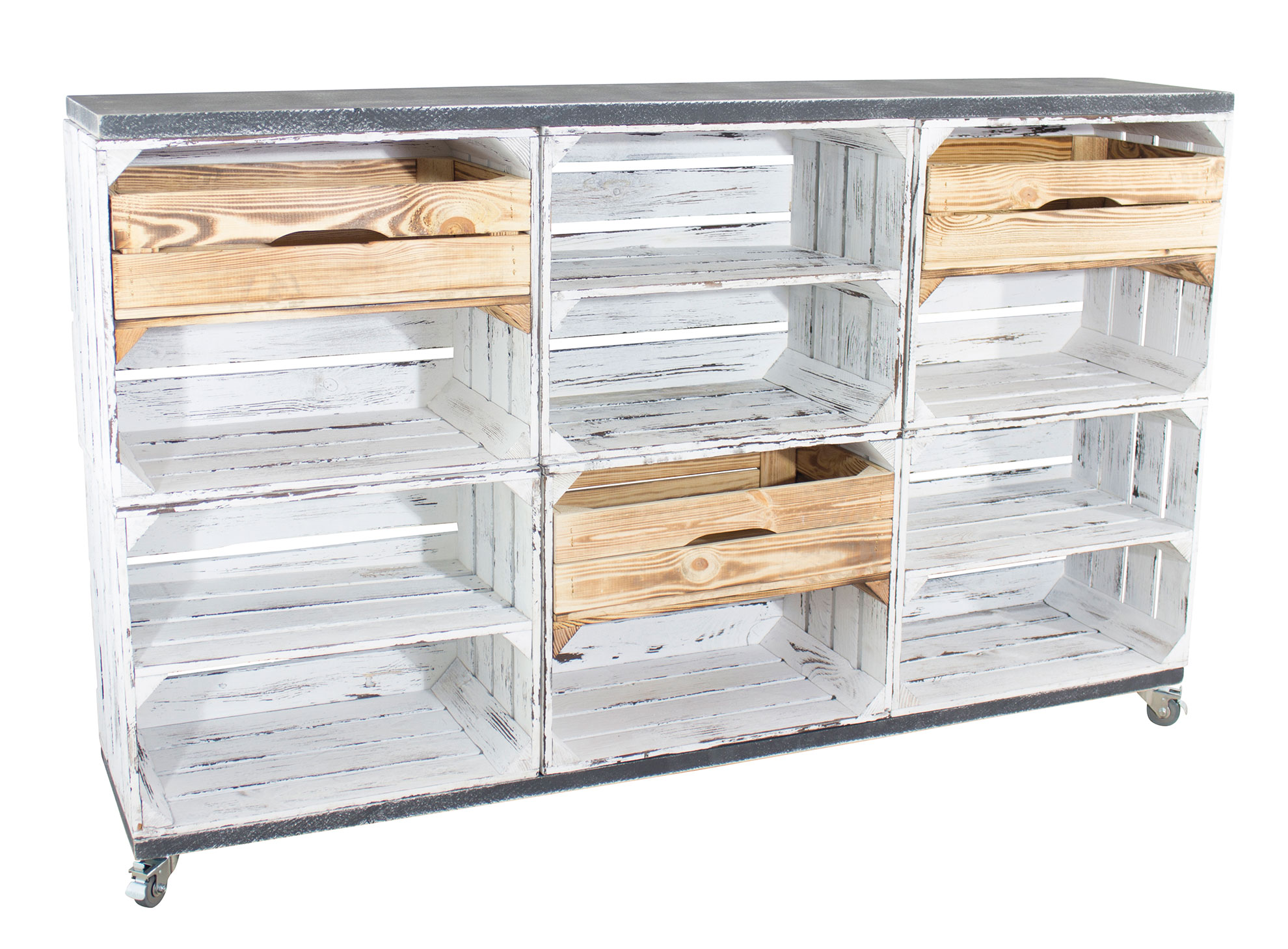 Kommode/ Raumtrenner aus 6 shabby weißen Kisten mit 3 geflammten Schubladen sowie 2 Bohlenbrettern a