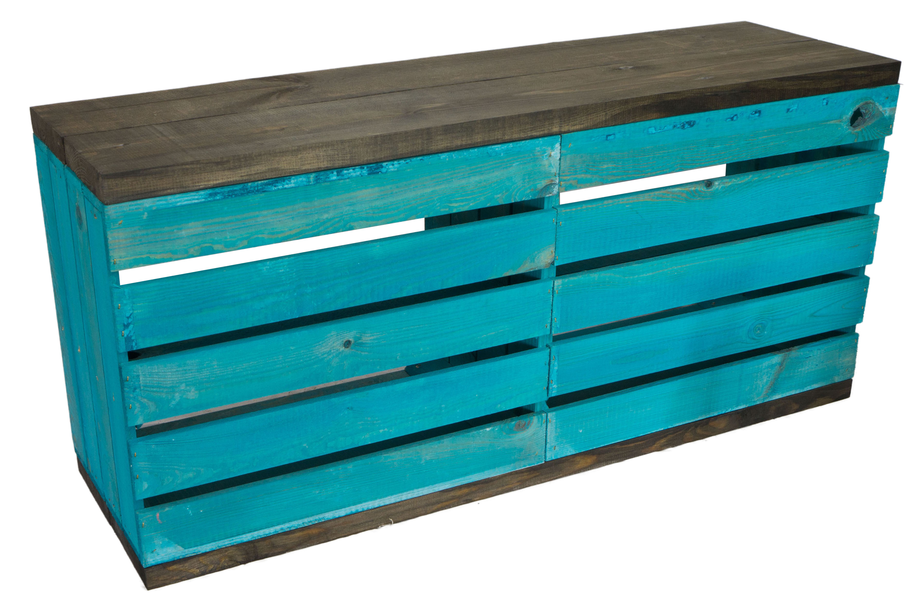 Banc turquoise avec siège en planches épaisses de bois noir
